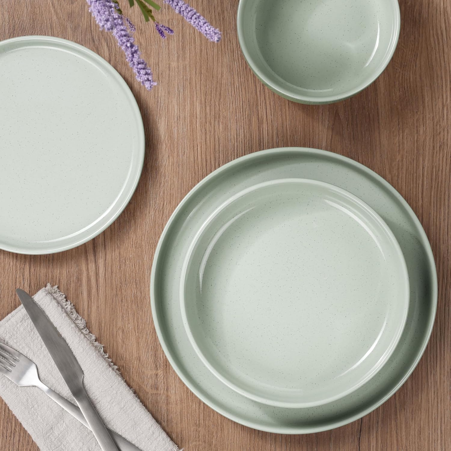 HaWare 24-Piece Plates and Bowls Set for 6, Stoneware Dinnerware Sets with Pasta Bowl, Dishes Set for Home Restaurant, Speckled Asparagus Green