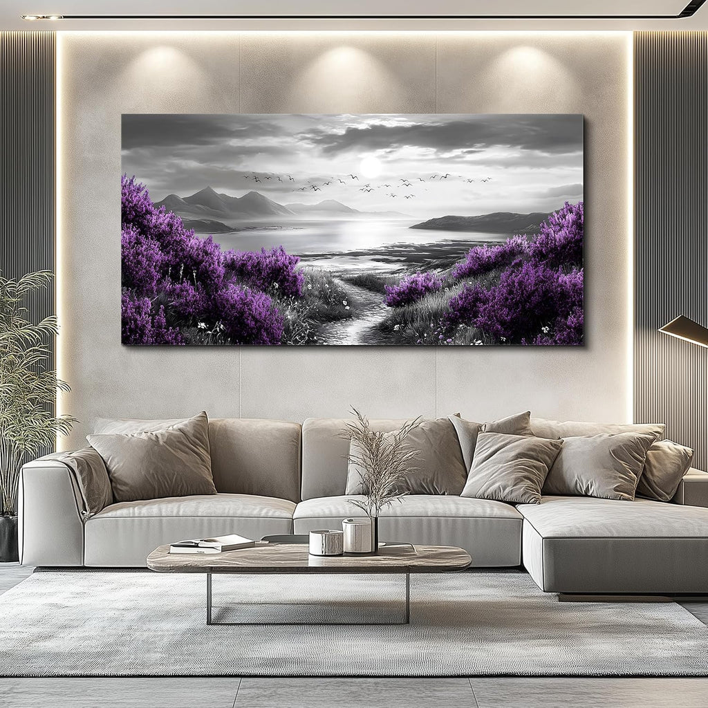 FUHAIHUA Canvas Wall Decor for Office Large Wall Art for Living Room Modern Bedroom Wall Decoration Purple Flowers Landscape Pictures Black and White Scenery Paintings Artwork Aesthetic Home Decor
