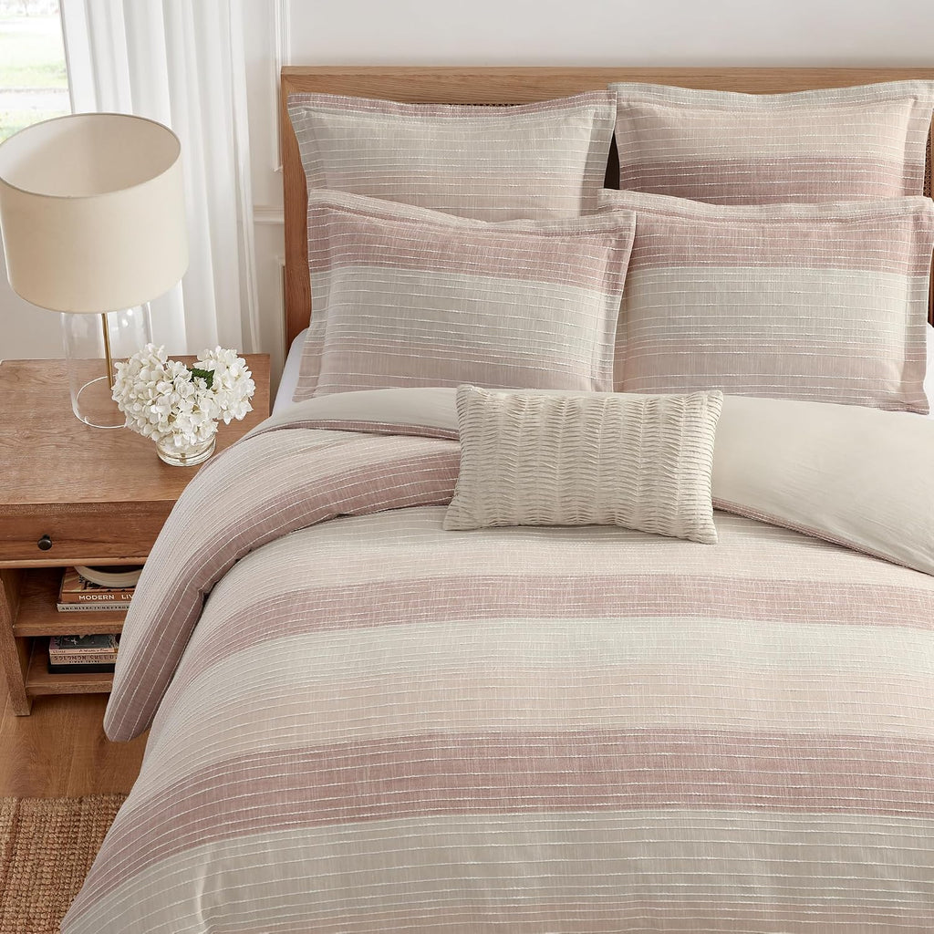 Levtex Home Sand Stripes Blush Full/Queen Comforter Set (90x94in) with 2 Pillowcases (26x20in) - Woven Jacquard Stripe - Pink, Dusty Rose, Cream, White - Cotton Full/Queen Size Comforter Set - Soft