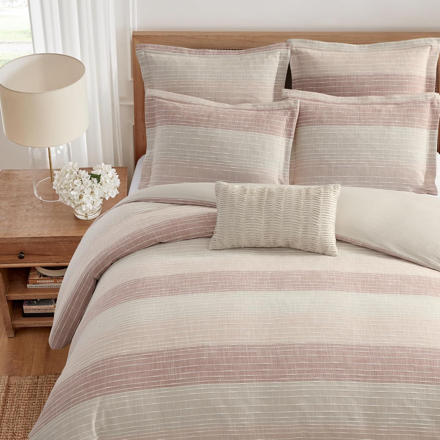 Levtex Home Sand Stripes BlushQueen Duvet Cover Set (90x94in) with 2 Pillowcases (26x20in) - Woven Jacquard Stripe - Pink, Dusty Rose, Cream, White - Cotton Queen Size Duvet Cover Set -Soft Pre-Washed