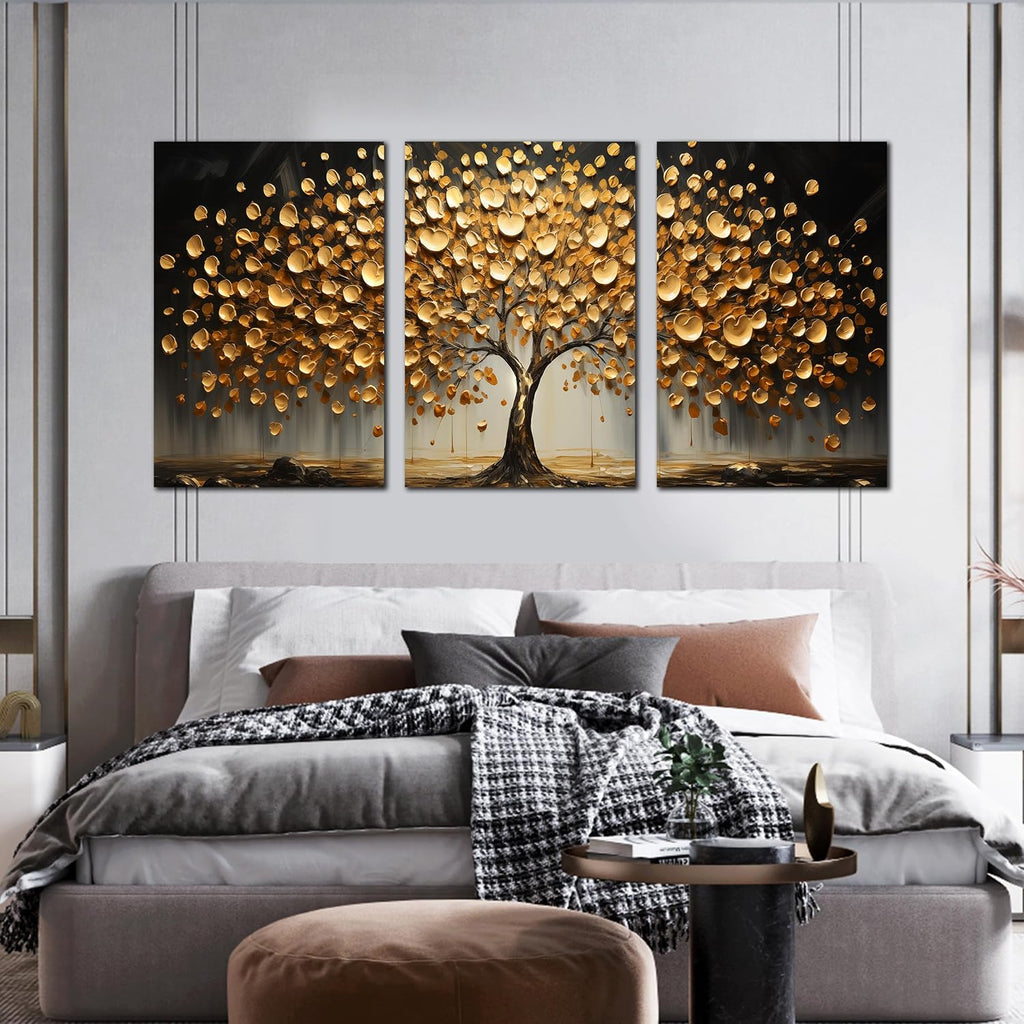 Gold Tree Wall Decor for Living Room Tree of Life Canvas Wall Art for Office Large Bedroom Decor Above Bed 24 x 36 Inch x 3 Pieces
