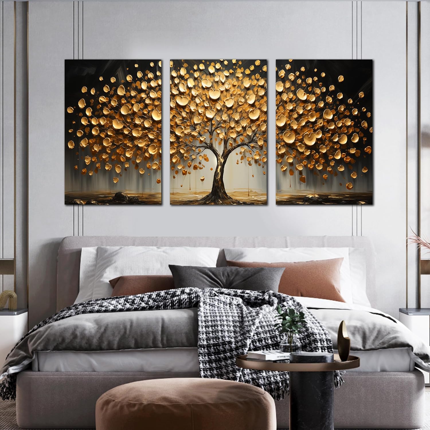 Gold Tree Wall Decor for Living Room Tree of Life Canvas Wall Art for Office Large Bedroom Decor Above Bed 24 x 36 Inch x 3 Pieces