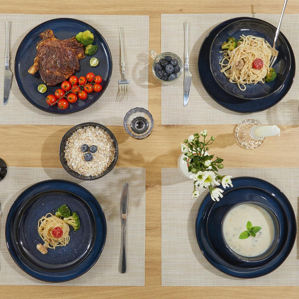 Pokini 24 Pieces Dinnerware Set for 6 with Pasta Bowls, Complete Ceramic Dish Set, Stackable & Glossy Stoneware Plate and Bowl Set for Effortless Everyday Hosting, Starry Blue