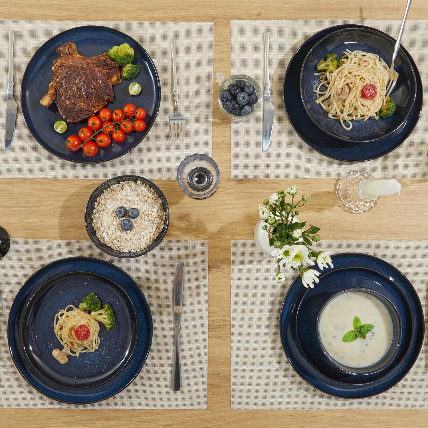 Pokini 24 Pieces Dinnerware Set for 6 with Pasta Bowls, Complete Ceramic Dish Set, Stackable & Glossy Stoneware Plate and Bowl Set for Effortless Everyday Hosting, Starry Blue