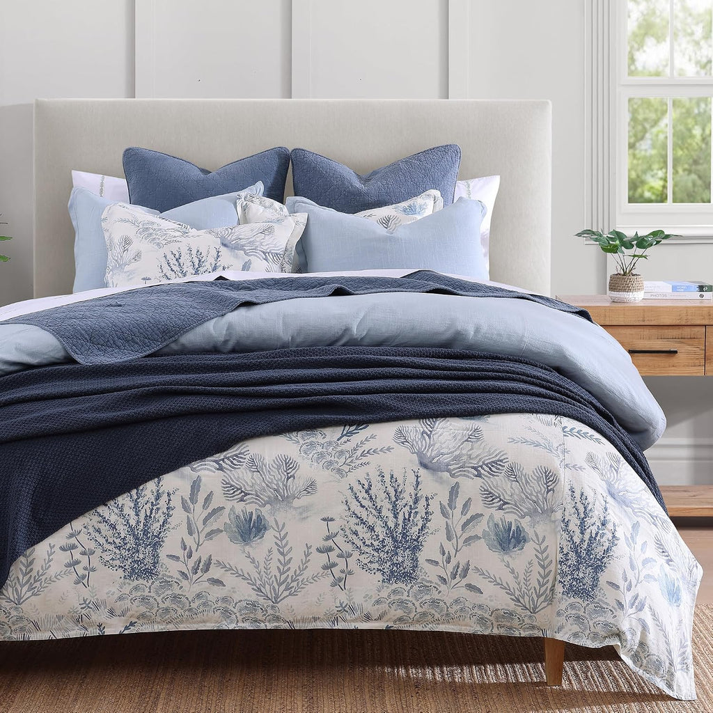 Hiend Accents Oceania Coastal Bedding 3 Piece Queen Comforter Set, Blue White Coral Print Linen Blend Bedding Set, Classic Chic Casual Bed Set, 1 Comforter and 2 Pillow Shams