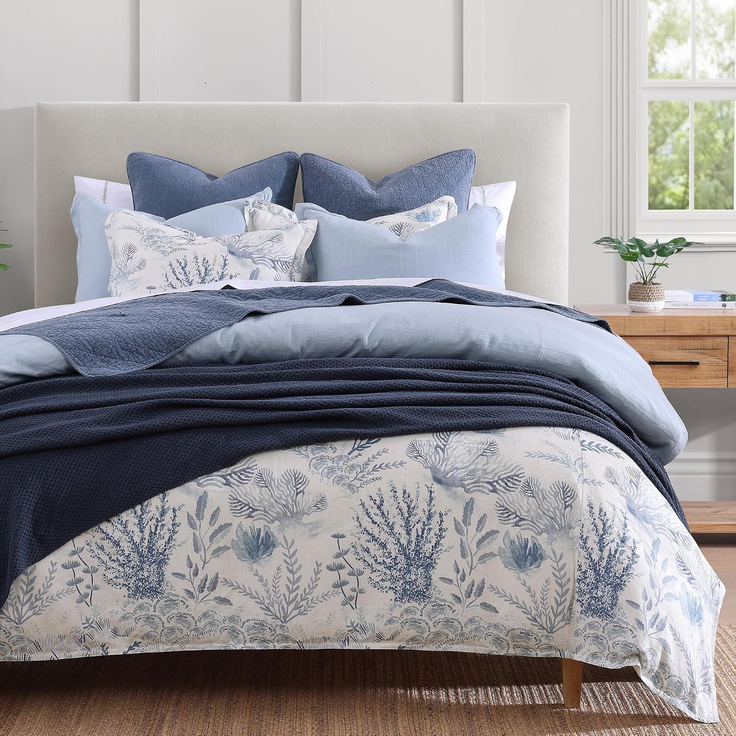 Hiend Accents Oceania Coastal Bedding 3 Piece Queen Comforter Set, Blue White Coral Print Linen Blend Bedding Set, Classic Chic Casual Bed Set, 1 Comforter and 2 Pillow Shams