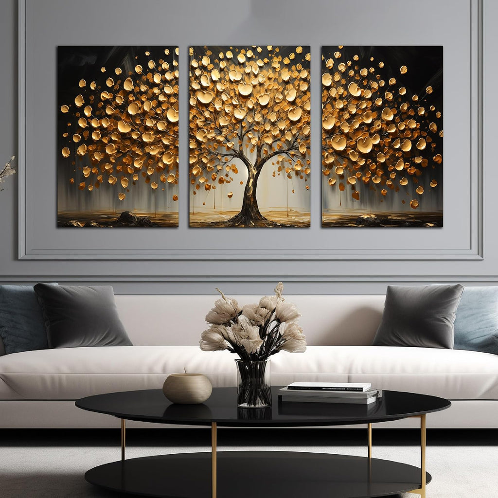Gold Tree Wall Decor for Living Room Tree of Life Canvas Wall Art for Office Large Bedroom Decor Above Bed 24 x 36 Inch x 3 Pieces