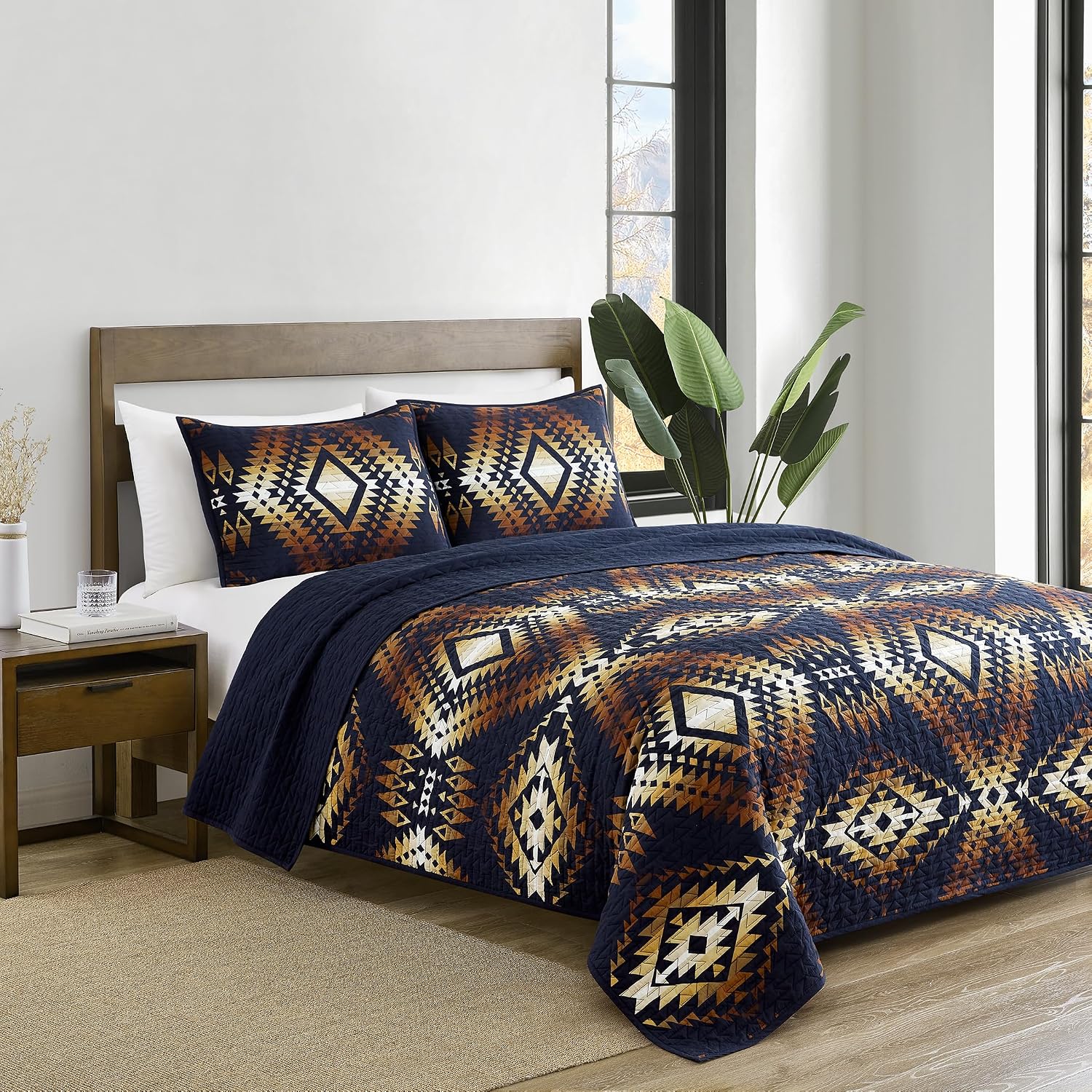 Pendleton Full/Queen Quilt Set – 100% Cotton 3 Piece Quilt Set with Shams, Soft Lightweight Bedding for Queen Size Bed, Navy Blue & Gold Comforter Alternative, Queen Bedding Set (Mission Trails)