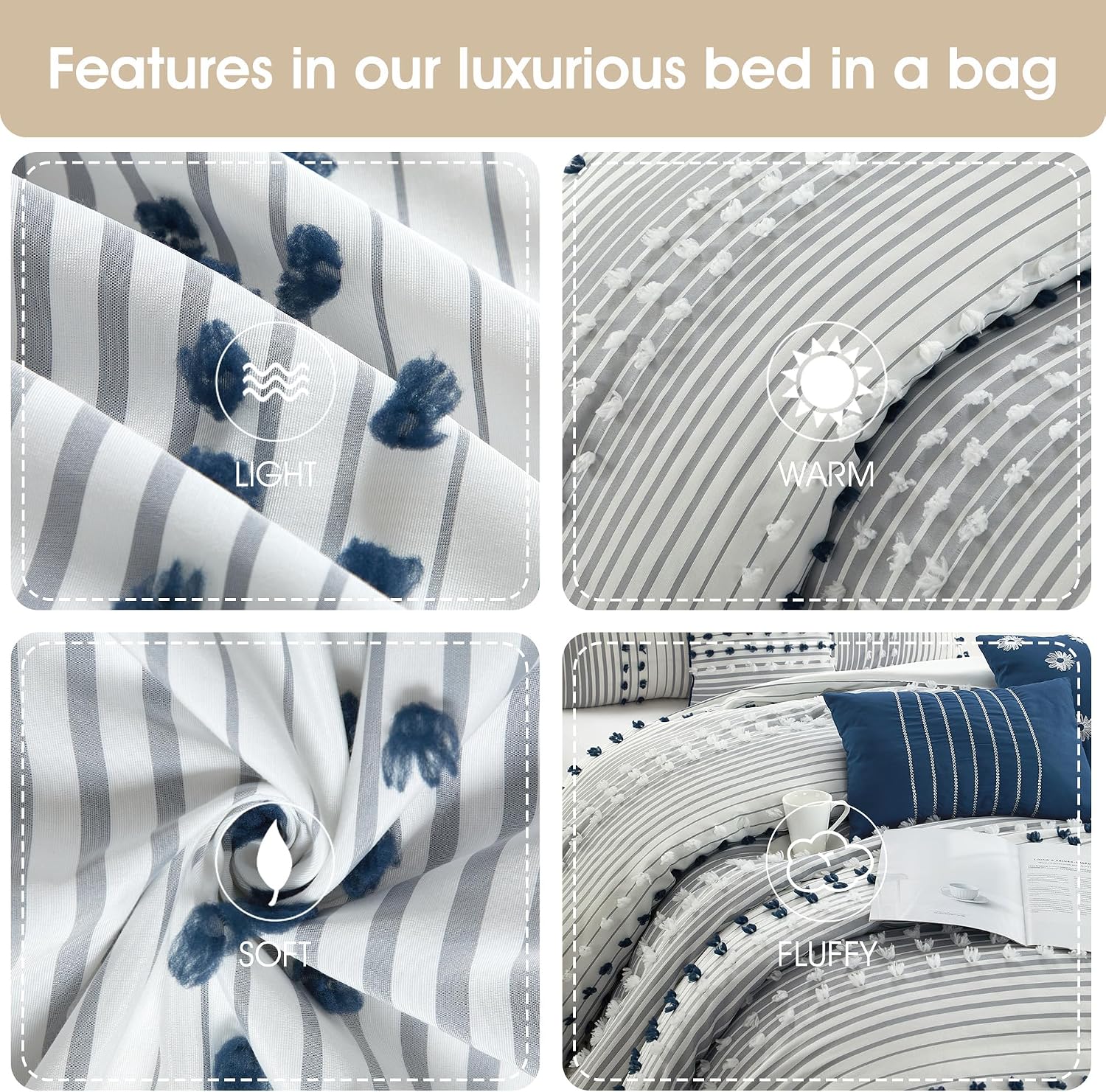 Stratford Park Blue Striped Dots Comforters Queen Size Set, 7 Piece, Jaquard & Clip Ultra Soft, Premium Microfiber, Bedskirt, Pillows & Shams, All Season Bedding Set