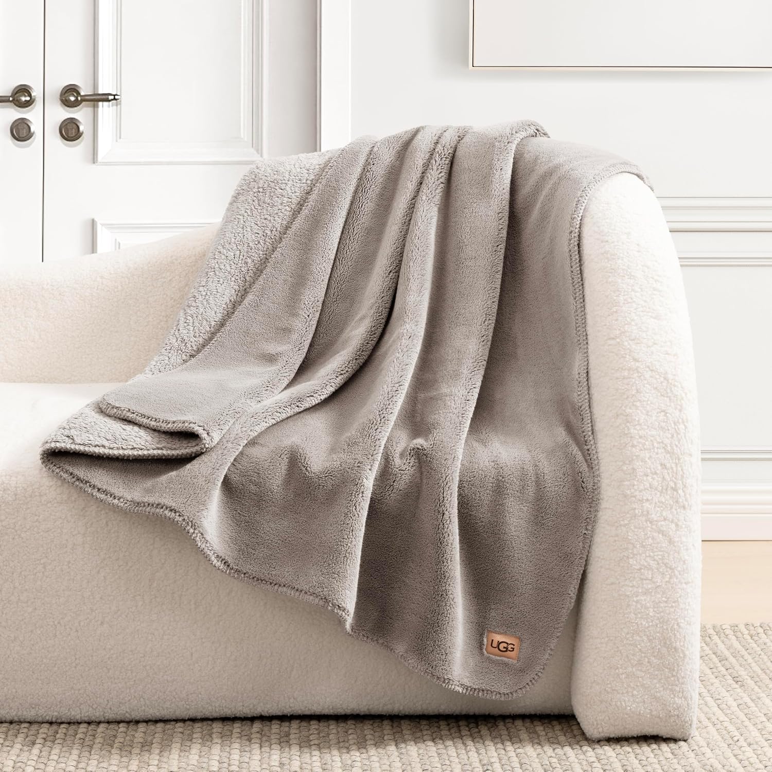 UGG Whitecap Fleece Throw Blanket, Soft Fluffy Blankets for Couch or Bed, Home Decor, Luxury Plush Throw, Machine Washable, 50-inch x 70-inch, Light Grey Seal