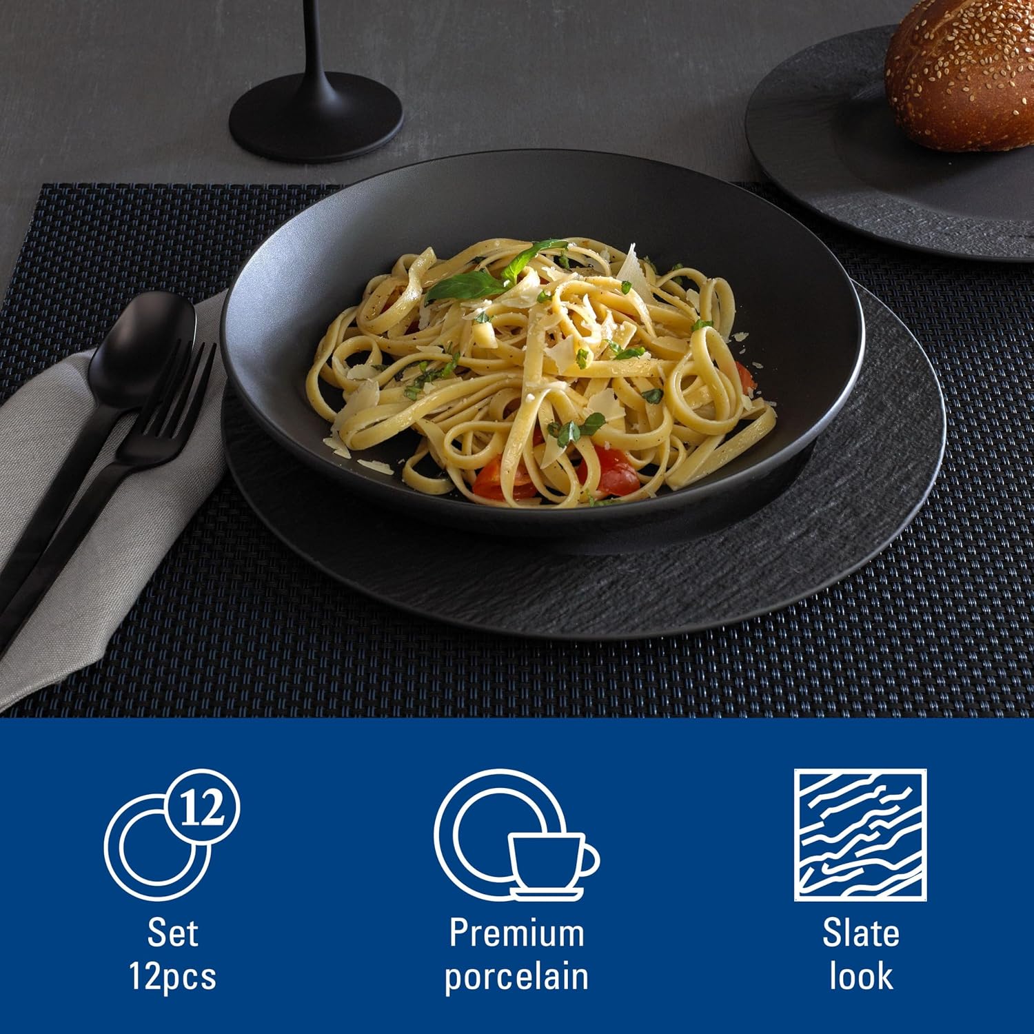 Villeroy & Boch Manufacture Rock 12-Piece Dinnerware Set, Service for 4, Dinner Plates, Salad Plates & Pasta Bowls, Premium Porcelain, Made in Germany, Matte Black