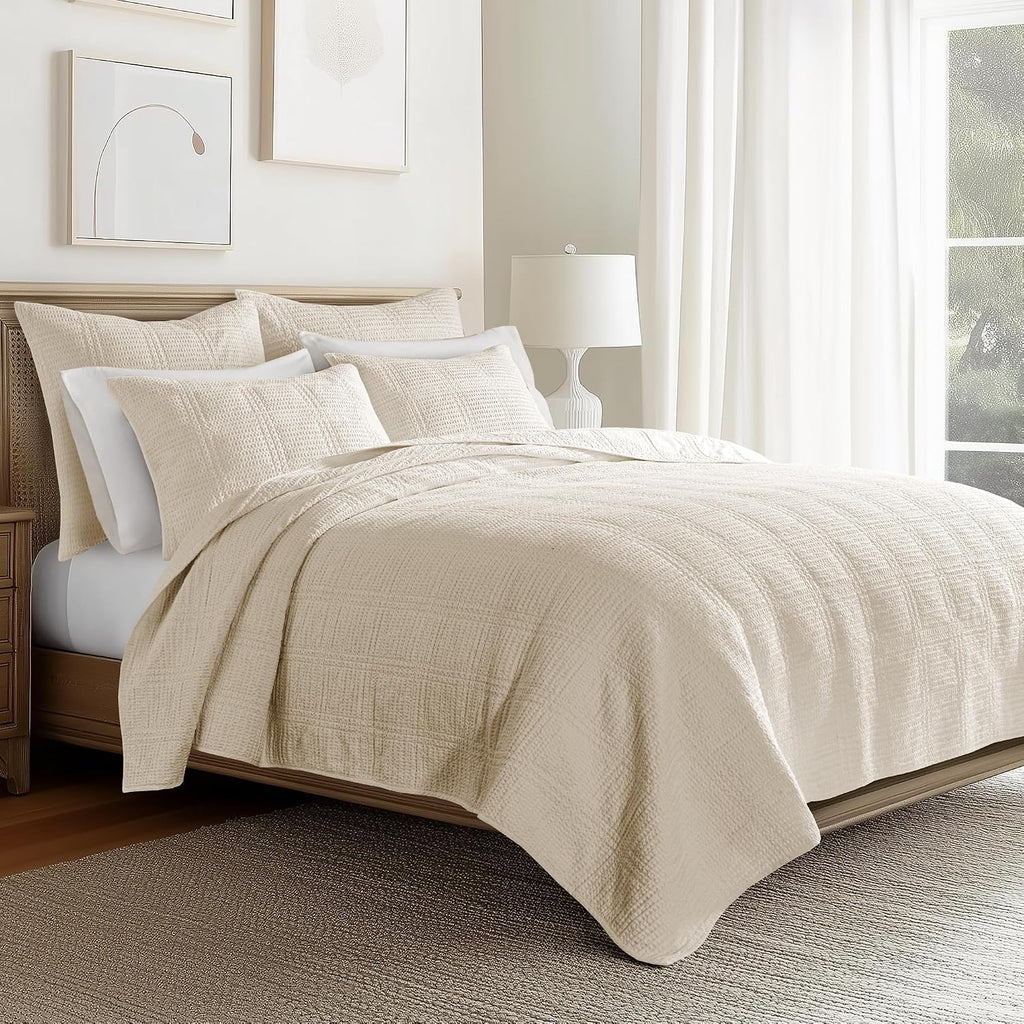 Levtex Home Cloud Waffle Full/Queen Quilt Set (88x92in) and 2 Pillow Shams (26x20) - Box Quilted Waffle Texture - Undyed Cream - Cotton Full/Queen Size Quilt Bedding Set - Lightweight Soft Pre-Washed