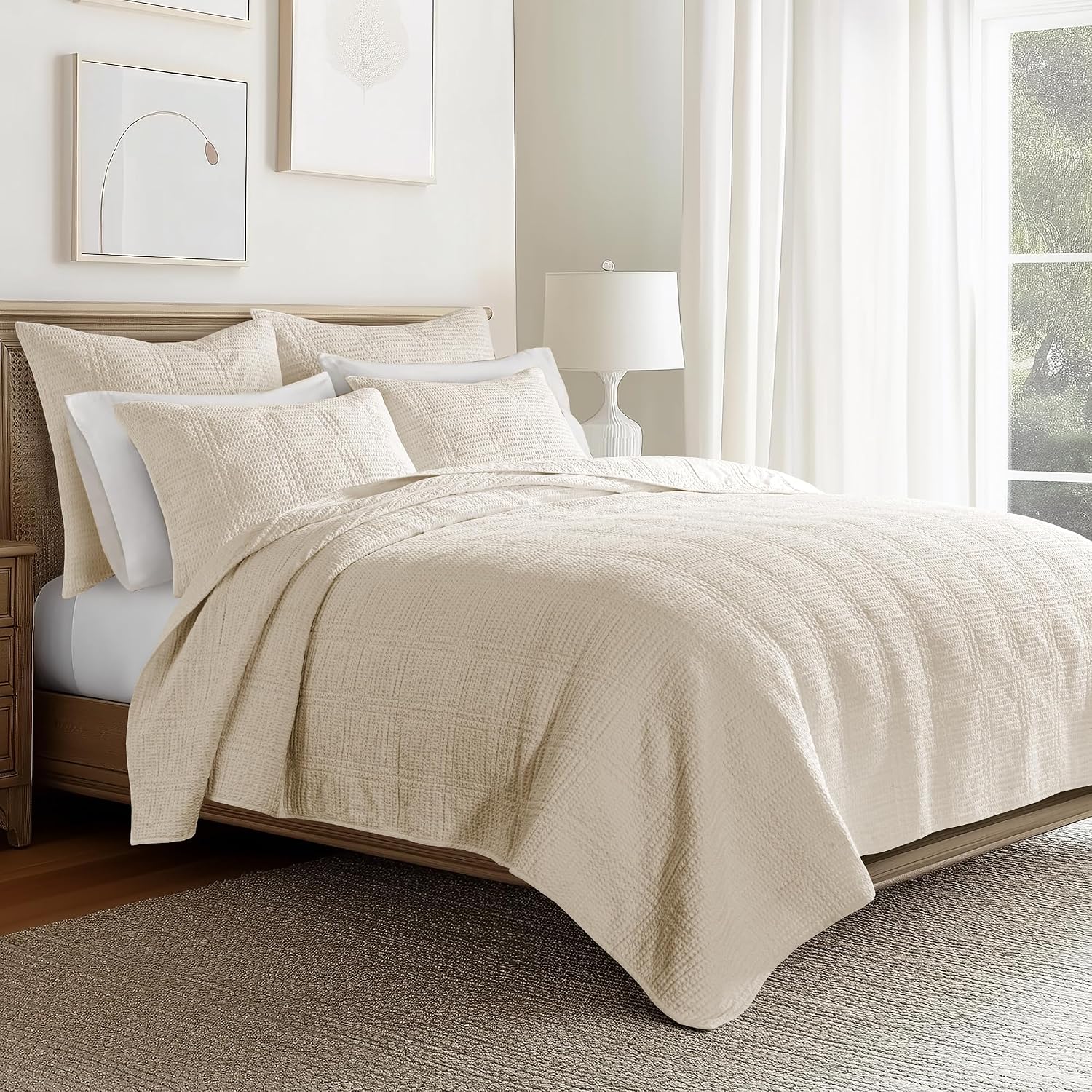 Levtex Home Cloud Waffle Full/Queen Quilt Set (88x92in) and 2 Pillow Shams (26x20) - Box Quilted Waffle Texture - Undyed Cream - Cotton Full/Queen Size Quilt Bedding Set - Lightweight Soft Pre-Washed