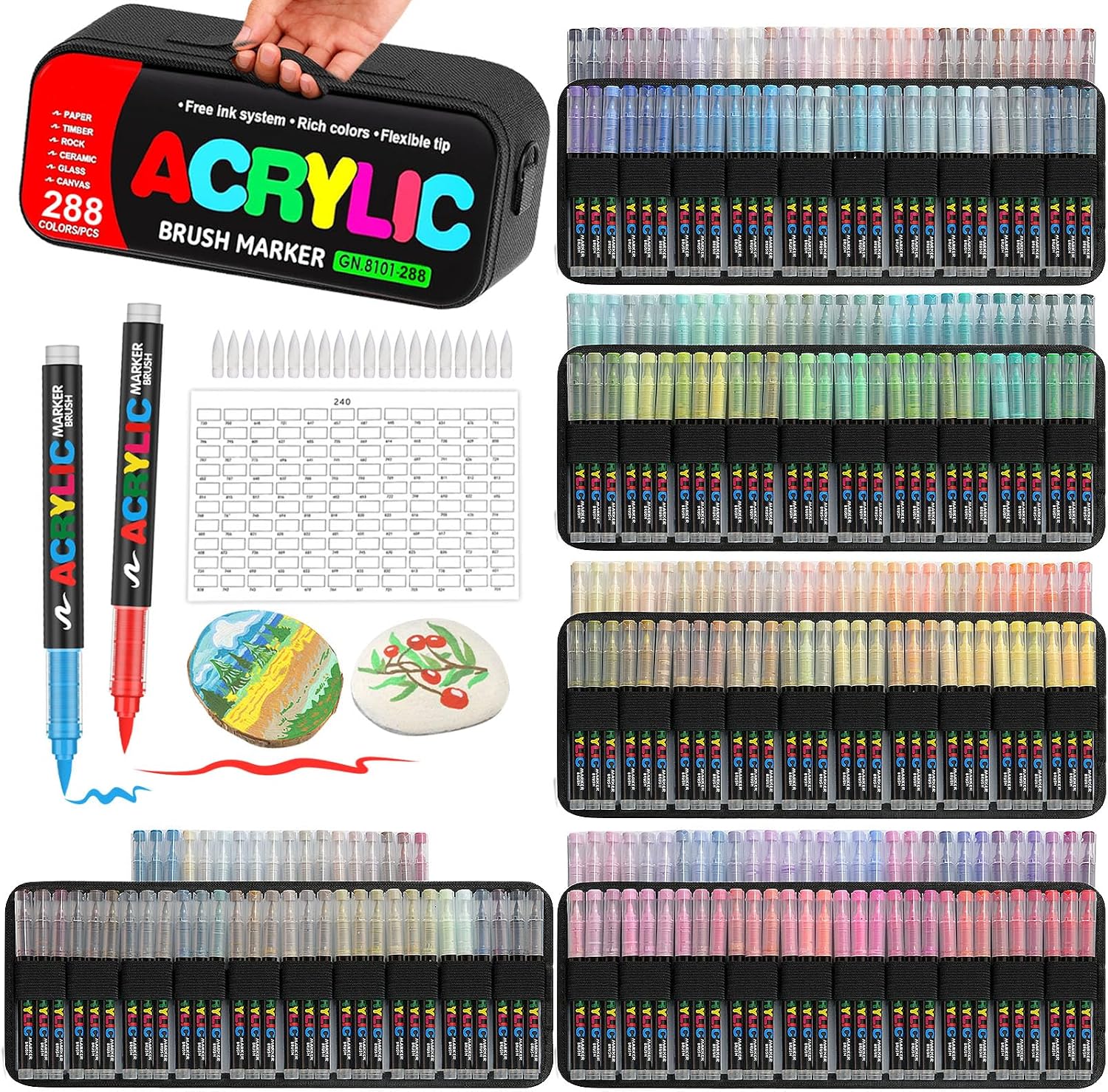 288 Colors Soft Brush Tip Acrylic Markers Set, Paint Pens for Rock, Wood, Fabric, Canvas, Glass, DIY Crafts, Waterproof Paint Markers, Vibrant Acrylic Pens for Artists and Art Projects（BAG)