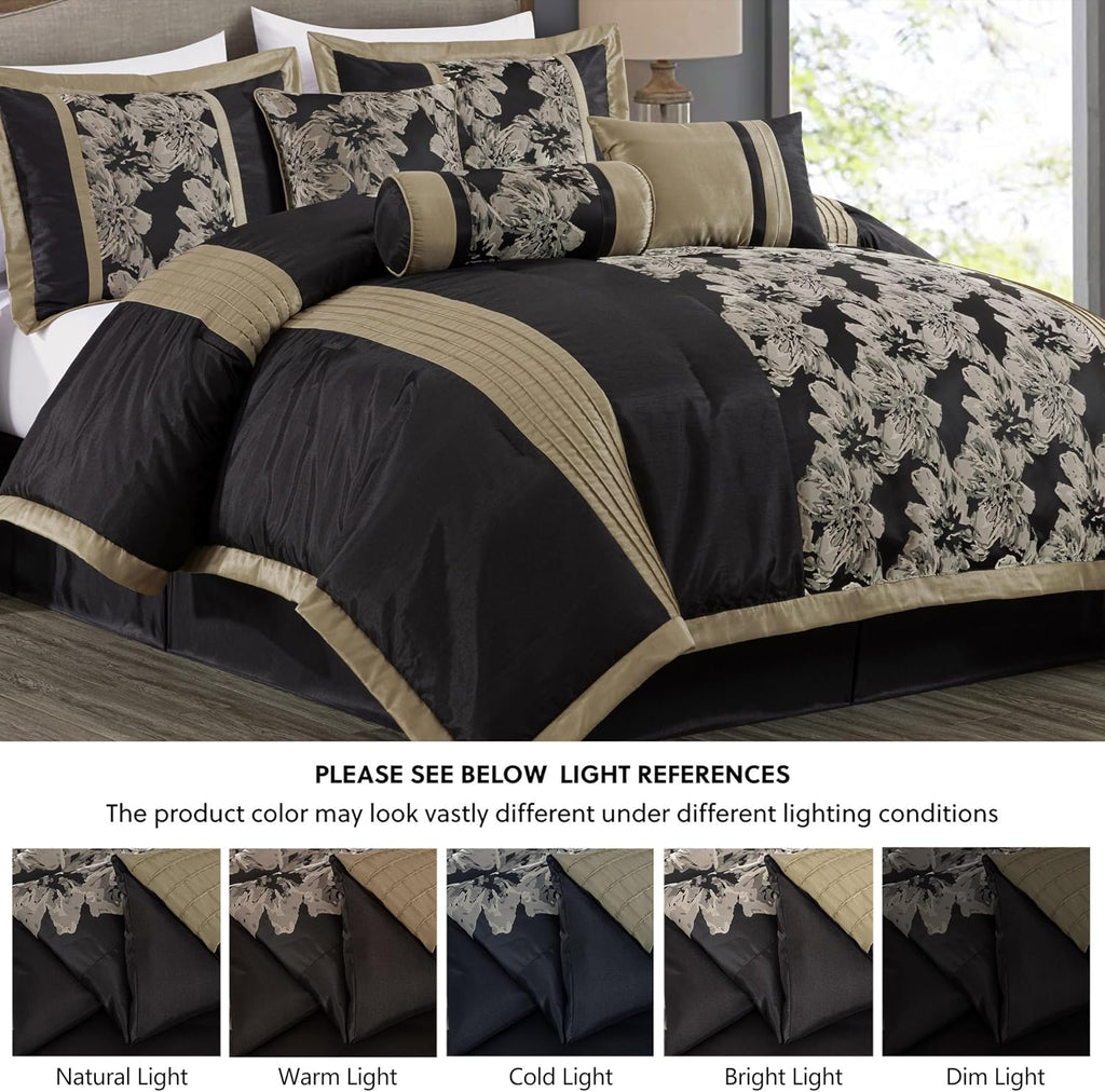 Chezmoi Collection Kelsey Comforter Set Oversized King Size, 7-Piece Black Gold Hibiscus Floral Jacquard Bedding Set