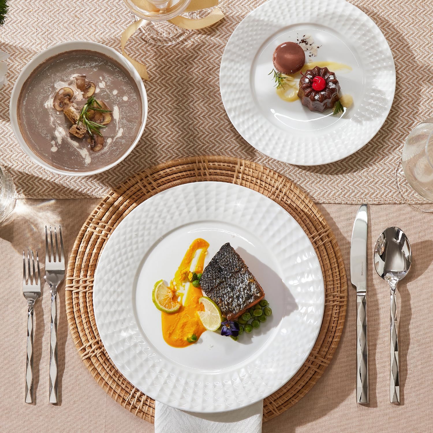 KINGSTONE 12-piece Bone China Dinnerware Set and 20-piece silverware, White Lightweight Porcelain for 4, Plates, Bowls with matching flatware, Microwave and Dishwasher Safe, for Family, Gifting