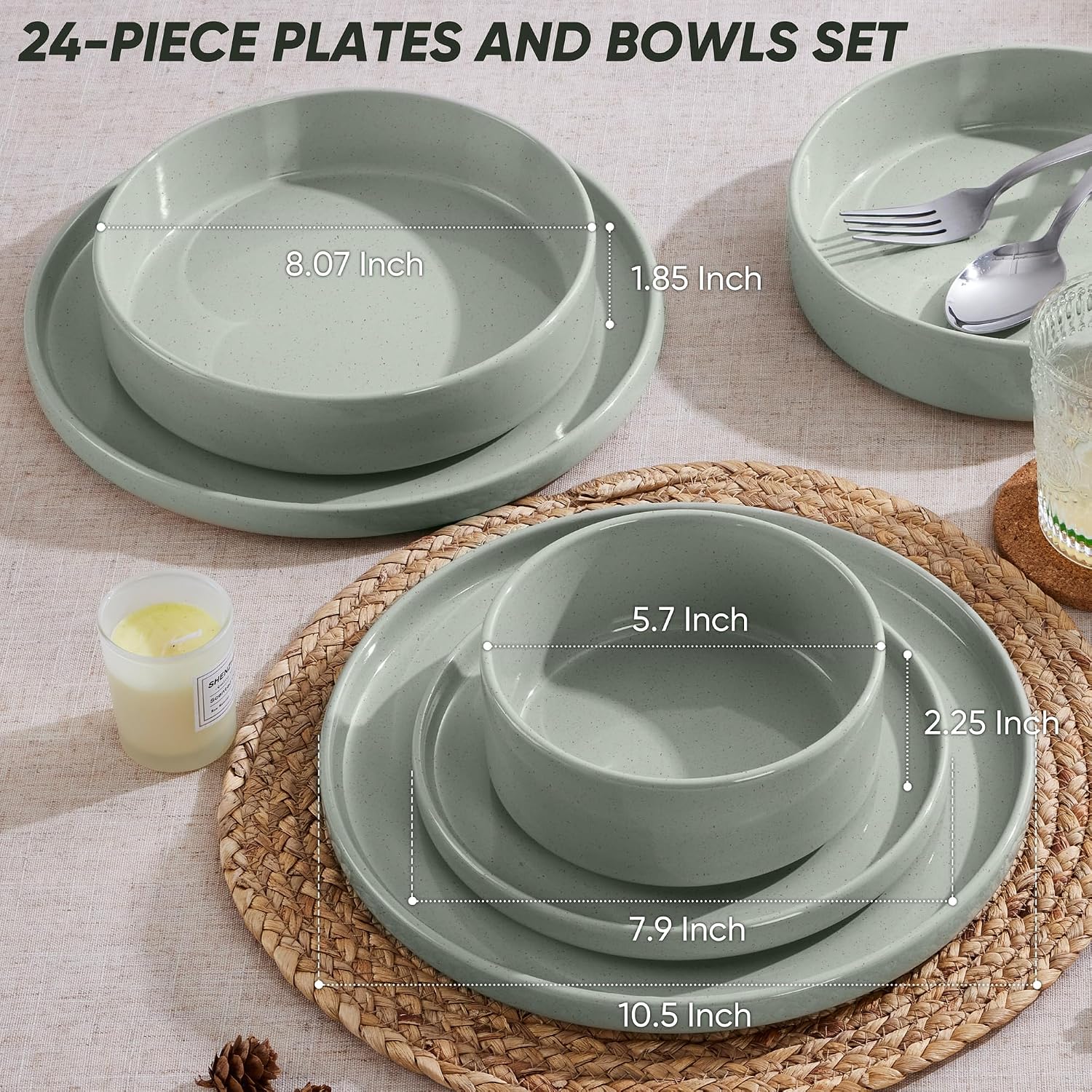 E-far Dinnerware Sets with Pasta Bowls, 24-Piece Stoneware Plates and Bowls Sets for 6 | Microwave & Dishwasher Safe Kitchen Modern Dish Set, Speckled Green