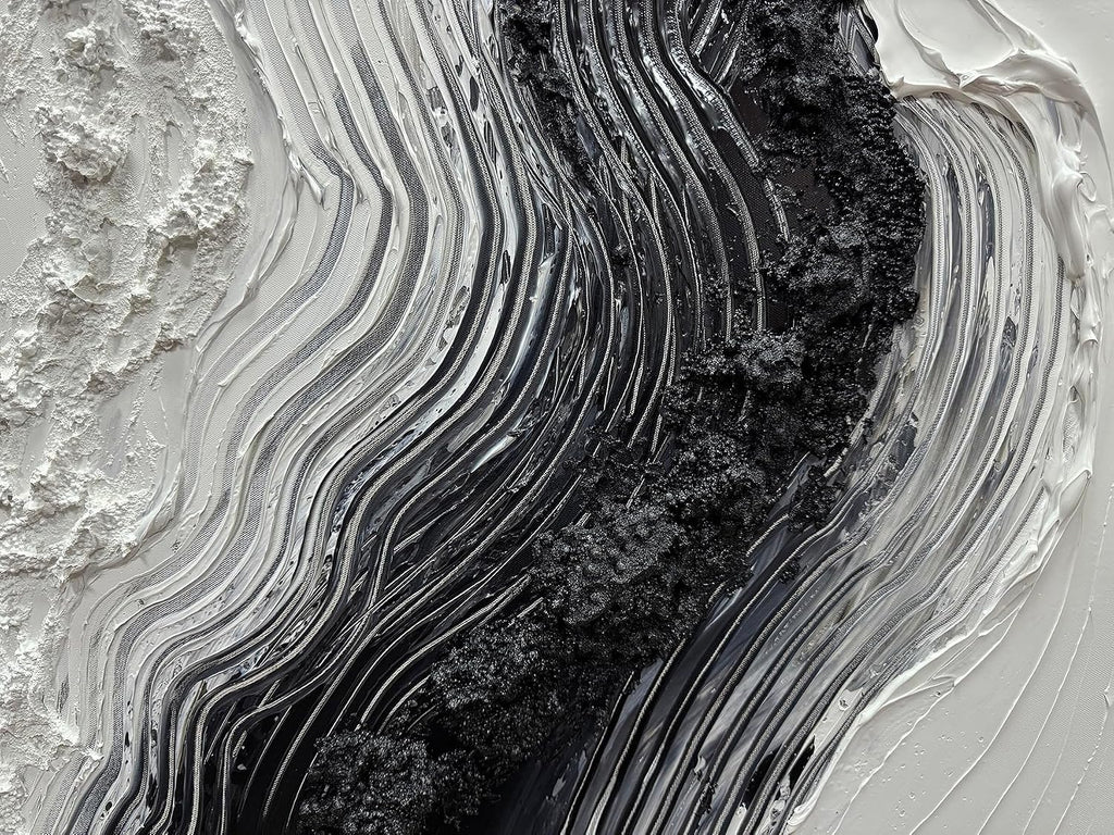 Boiee Art,24x48Inch Hand Painted Modern Black Simply White Framed Artwork Textured Ocean Wave Art on Canvas Minimalist Oil Painting