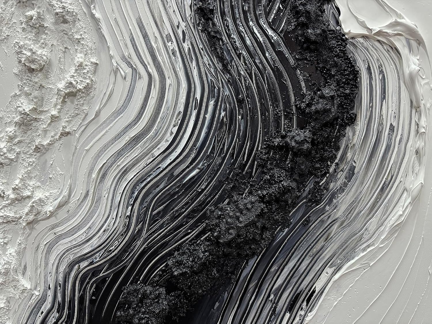 Boiee Art,24x48Inch Hand Painted Modern Black Simply White Framed Artwork Textured Ocean Wave Art on Canvas Minimalist Oil Painting