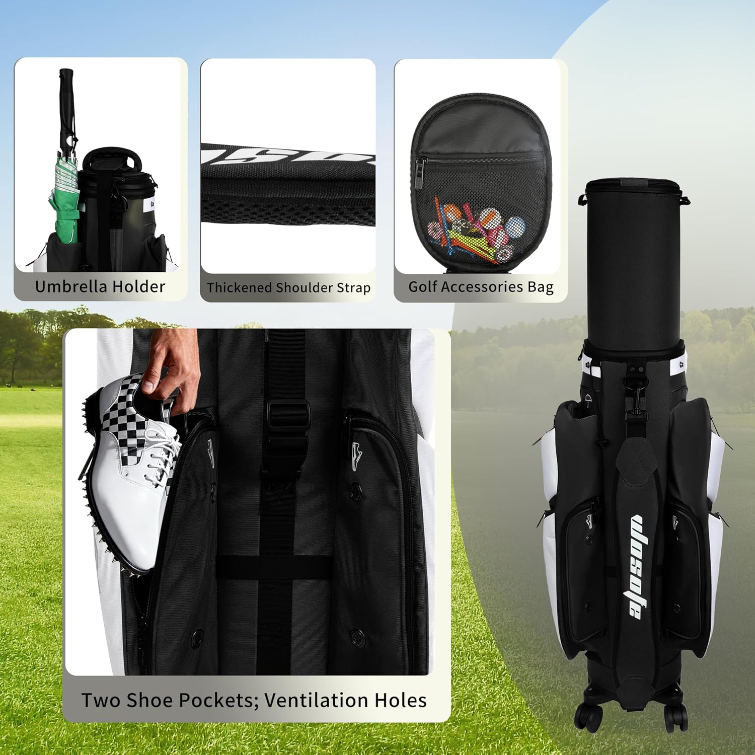Golf Club Travel Bag with Wheels, Golf Cart and Travel Bag Retractable Cover,Golf Carry Bag for Men and Women, Multiple Storage Pockets, Shoe Compartment, Golf Cart Bag, 4 Colors to Choose from
