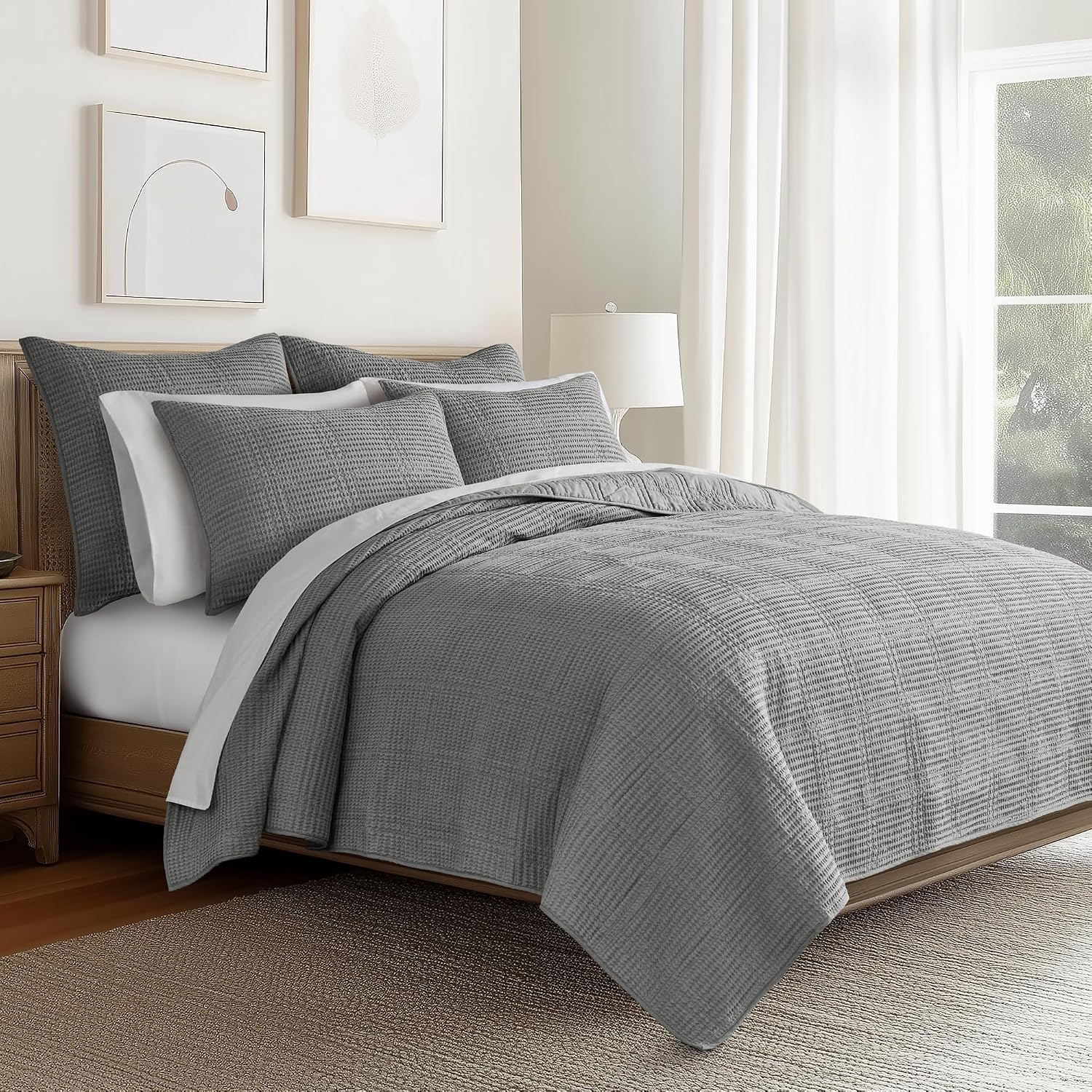Levtex Home Cloud Waffle Full/Queen Quilt Set (88x92in) and 2 Pillow Shams (26x20in) - Box Quilted Waffle Cotton Texture - Grey - Cotton Full/Queen Size Quilt Bedding Set - Lightweight Soft Pre-Washed