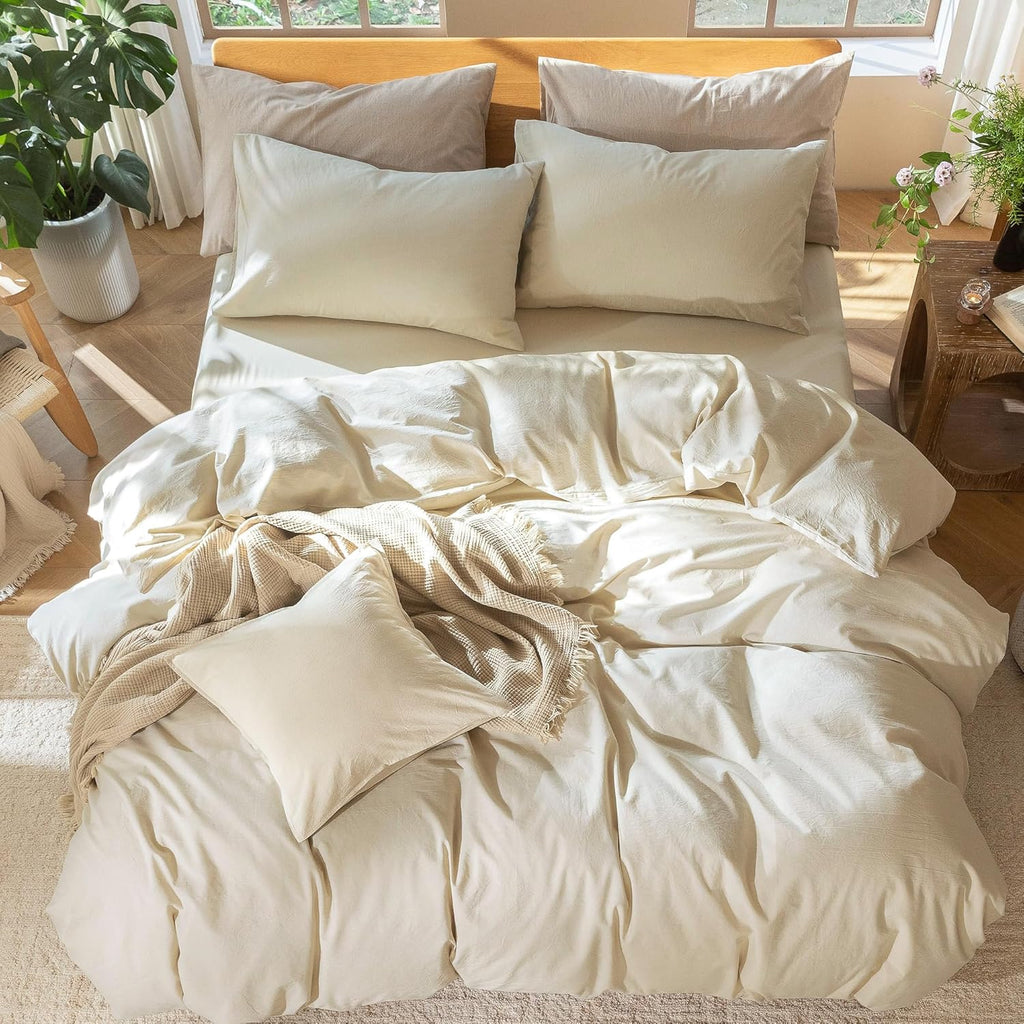 MooMee Bedding Duvet Cover Set 100% Washed Cotton Linen Like Textured Breathable Durable Soft Comfy (Heathered Almond Milk Grey, Oversized King Plus 128'x120')