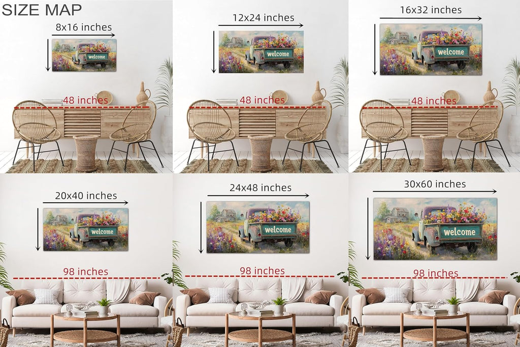 TIMUBA Country Farmhouse Truck Wall Art, Spring Farmhouse Canvas Art Prints, Welcome Sign Retro Truck Pictures Wall Decor, Rustic Flower Spring Landscape Painting Artwork for Home Bedroom 60x30 Inches