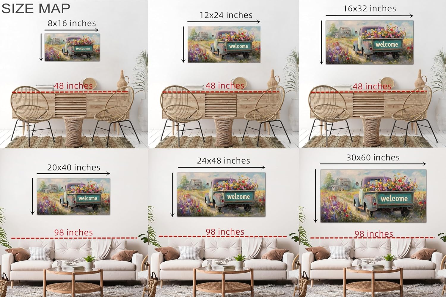 TIMUBA Country Farmhouse Truck Wall Art, Spring Farmhouse Canvas Art Prints, Welcome Sign Retro Truck Pictures Wall Decor, Rustic Flower Spring Landscape Painting Artwork for Home Bedroom 60x30 Inches