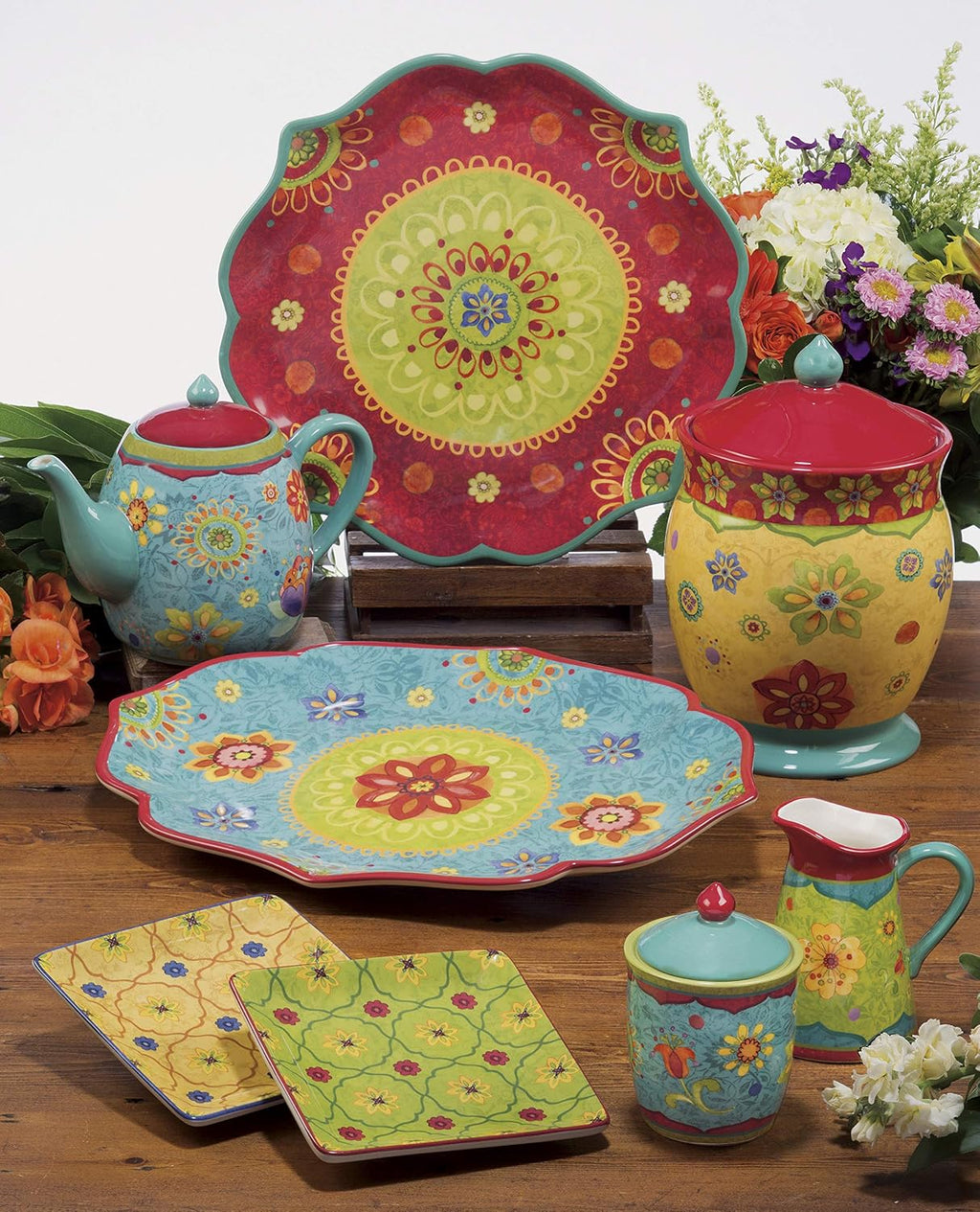 Tequila Sunrise 16-Piece Boho Ceramic Dinnerware Set – Vibrant Multicolor Plates, Bowls & Mugs for 4 – Bold Microwave & Dishwasher Safe Fiesta-Inspired Tableware for Everyday Dining
