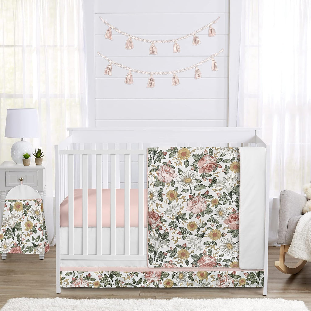 Sweet Jojo Designs 5-Piece Baby Crib Bedding Set (Boho Vintage Floral) for Girls, Infants/Nursery incl. Blanket, Fitted Sheet and Crib Skirt (Bohemian, Shabby Chic, Rose Flower, Farmhouse, Pink/Green)