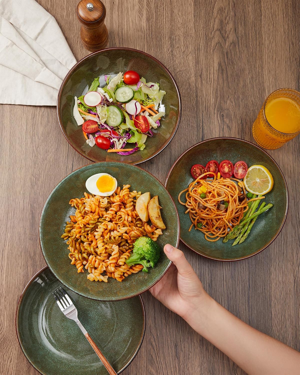 Pokini 32 Piece Double Bowl Dinnerware Sets with Pasta Bowls, Highly Chip and Crack Resistant Plates and Bowls Sets, Natural Earthyware Ceramic Dishware Sets, Service for 8 Brown Green
