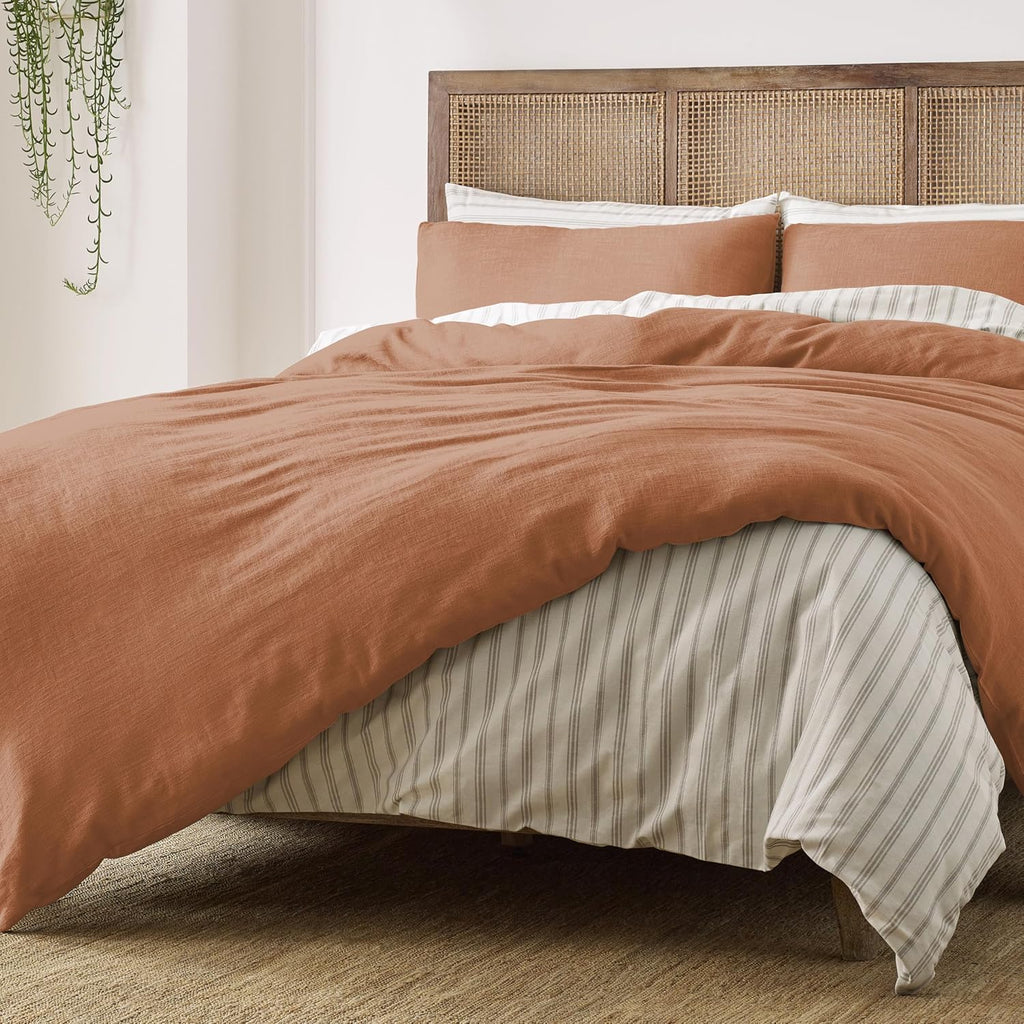 Blue Loom Duvet 100% Cotton Set, 3 Piece, Stone Washed Duvet Set Full/Queen Size 92' x 90' with 2 Matching Pillow Shams, Comforter Not Included, Vivie - Clay Red