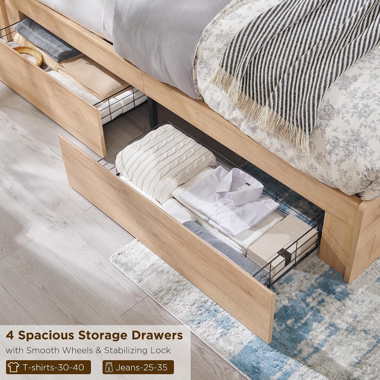 ACCOHOHO Modern King Size Bed Frame with 4 Drawers, 51' Tall Arched Recessed Headboard, Solid Wood Slats Support, Noise Free, No Box Spring Needed, Wood Platform, Natural Oak