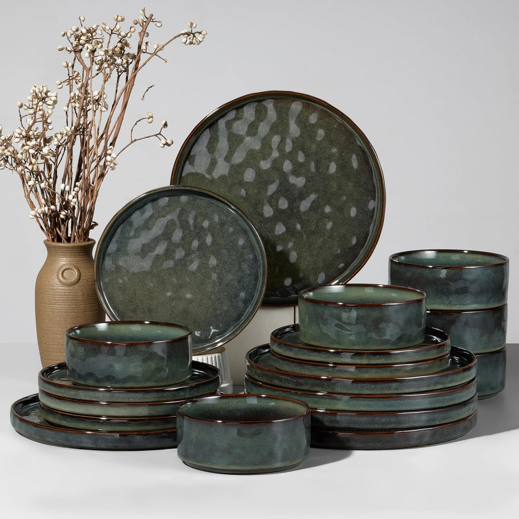 HaWare Dinnerware Sets, 18-Piece Plates and Bowls Set, Stoneware Dish Set for 6, Ceramic Dinnerware for Home Restaurant, Chip and Scratch Resistant, Microwave and Dishwasher Safe, Reactive Moss Green