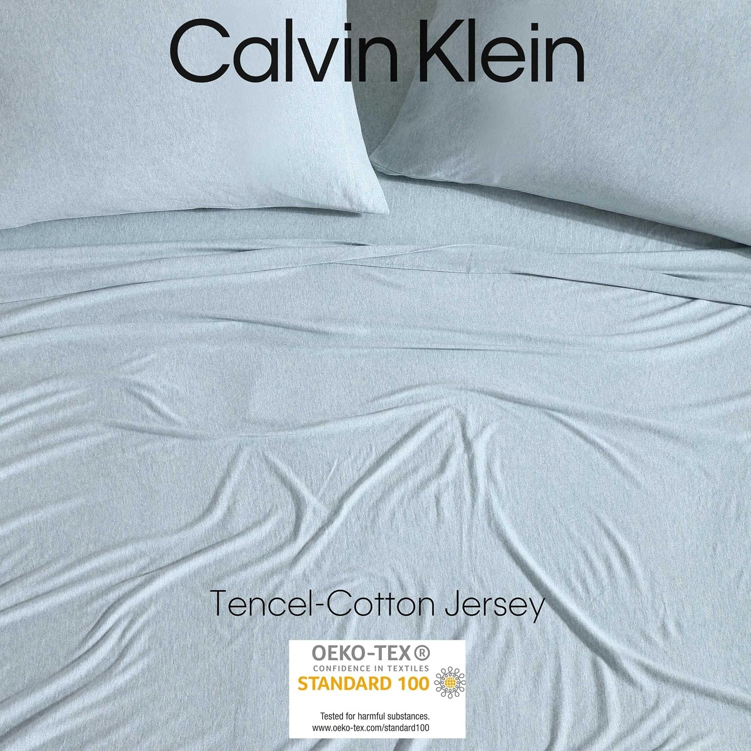 Calvin Klein - King Size Sheets Set, Naturally Soft Cotton-Blend Melange Jersey Bedding - Bed Sheets with Matching Pillowcases & Fitted Sheet (Modern Cotton Aqua)