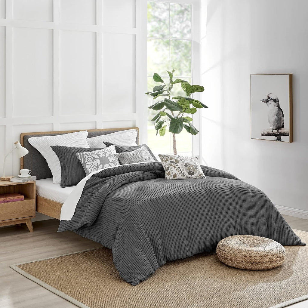 Levtex Home Mills Waffle King Duvet Cover Set (106x94in) with 2 Pillow Shams (36x20in) - Charcoal - Cotton King Size Duvet Cover Set - Soft, Pre-Washed