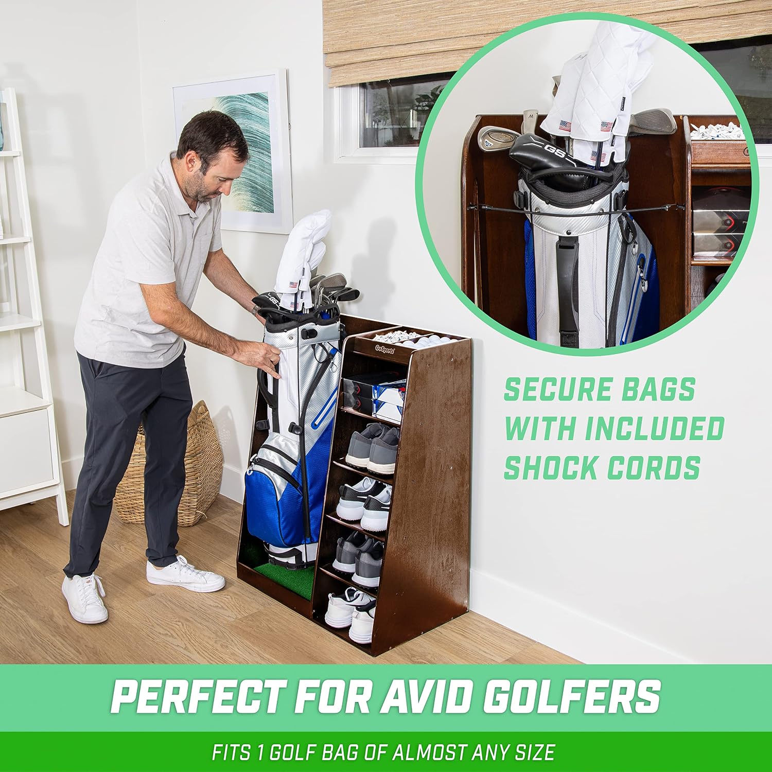 GoSports Premium Wooden Golf Bag Organizer and Storage Rack - Black, White or Brown Finish