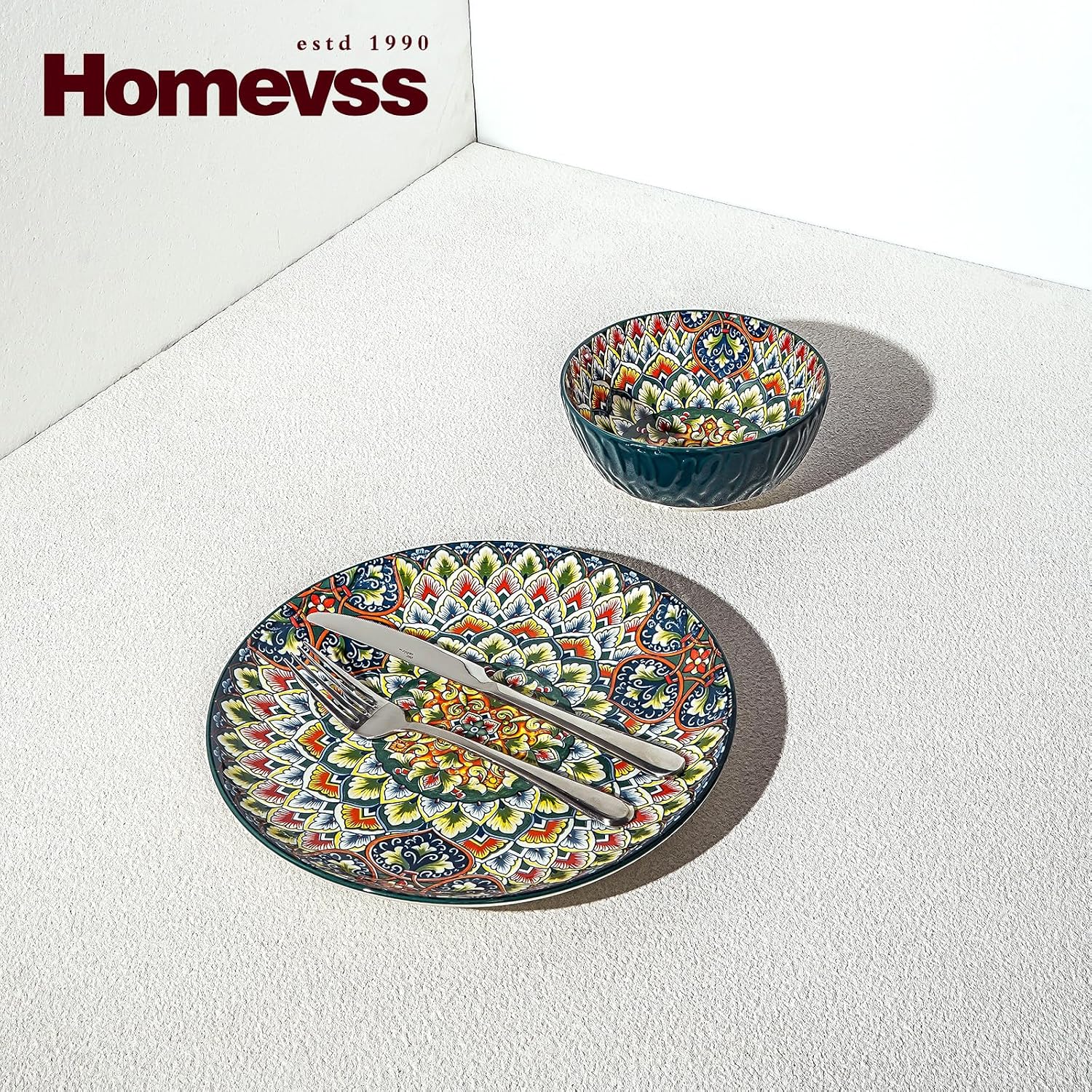 Homevss 20 Pieces Dinnerware Sets, Plates and Bowls Set, Porcelain Dishes Set for 4, Microwave and Dishwasher Safe, Scratch Resistant, Bohemian Style Dining Ware