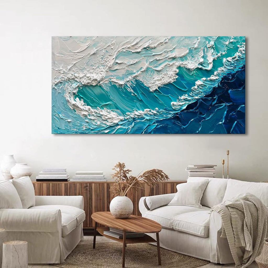 NANKAI 24x48 Inches Blue Thick Texture Abstract Oil Painting Hand-Painted Ocean Landscape Oil Painting Home Wall Art Deco