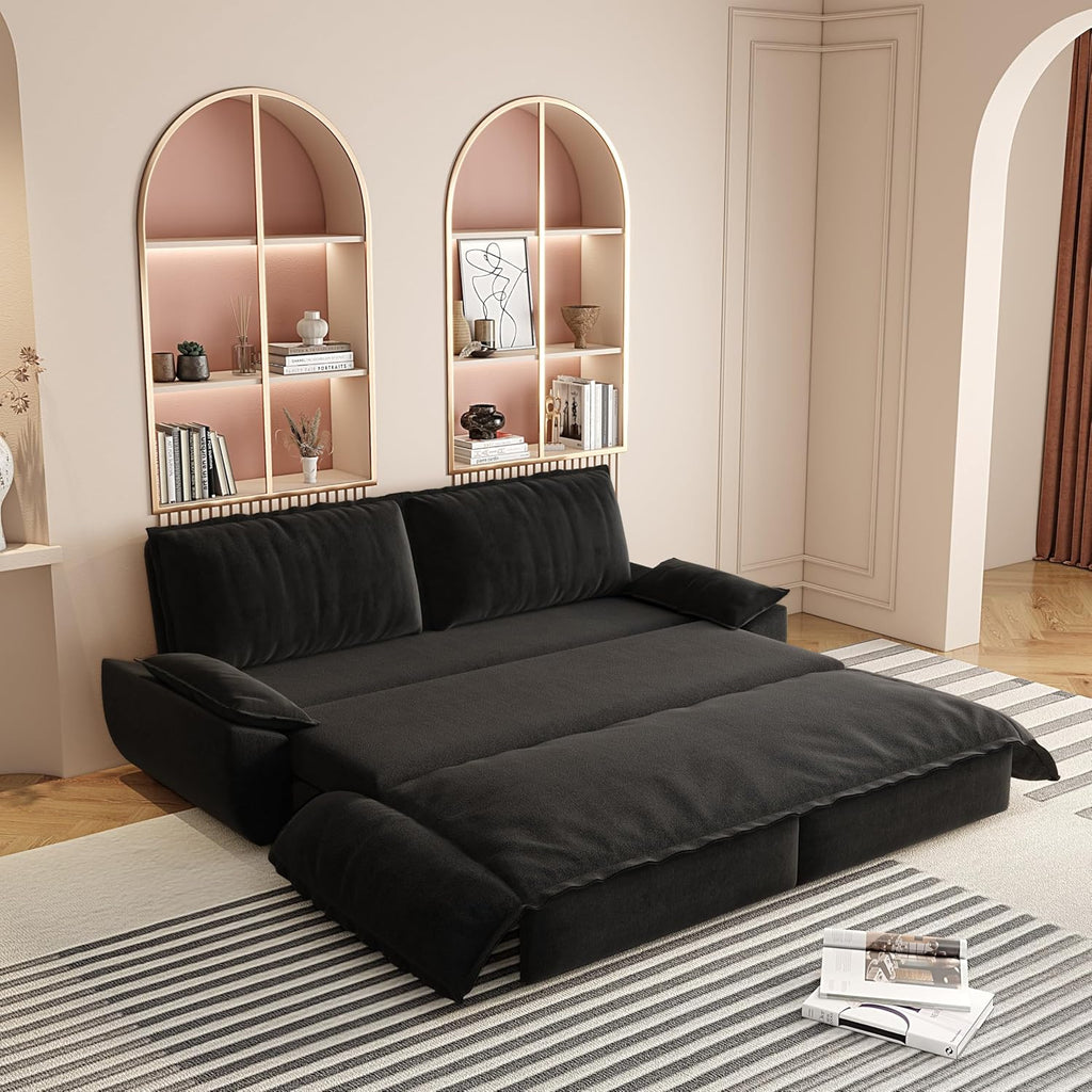 WILLIAMSPACE 73.2' Queen Pull Out Sofa Bed, 3-in-1 Velvet Convertible Sleeper Sofa Couch with 2 Soft Pillows, Multi-Functional Loveseat Bed Pull Out Couch for Living Room, Apartment (Black)