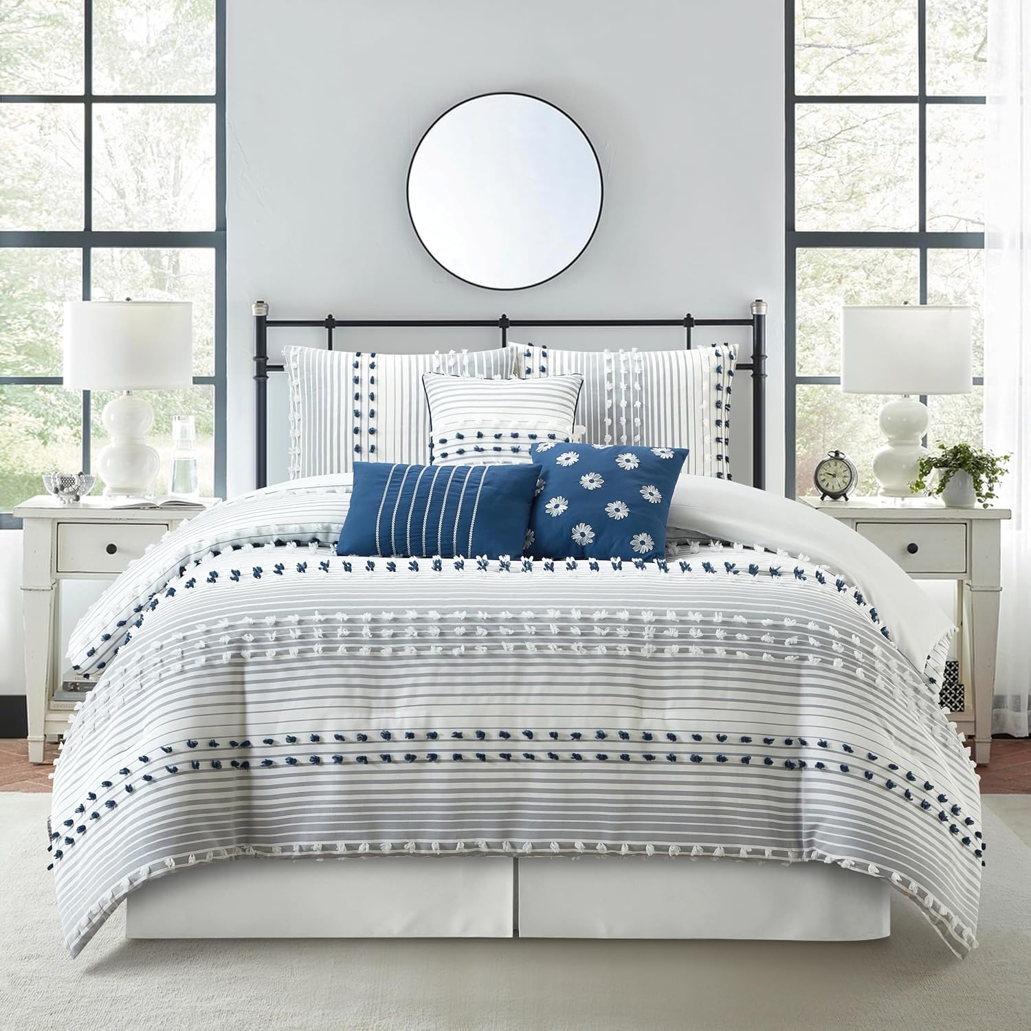 Stratford Park Blue Striped Dots Comforters Queen Size Set, 7 Piece, Jaquard & Clip Ultra Soft, Premium Microfiber, Bedskirt, Pillows & Shams, All Season Bedding Set