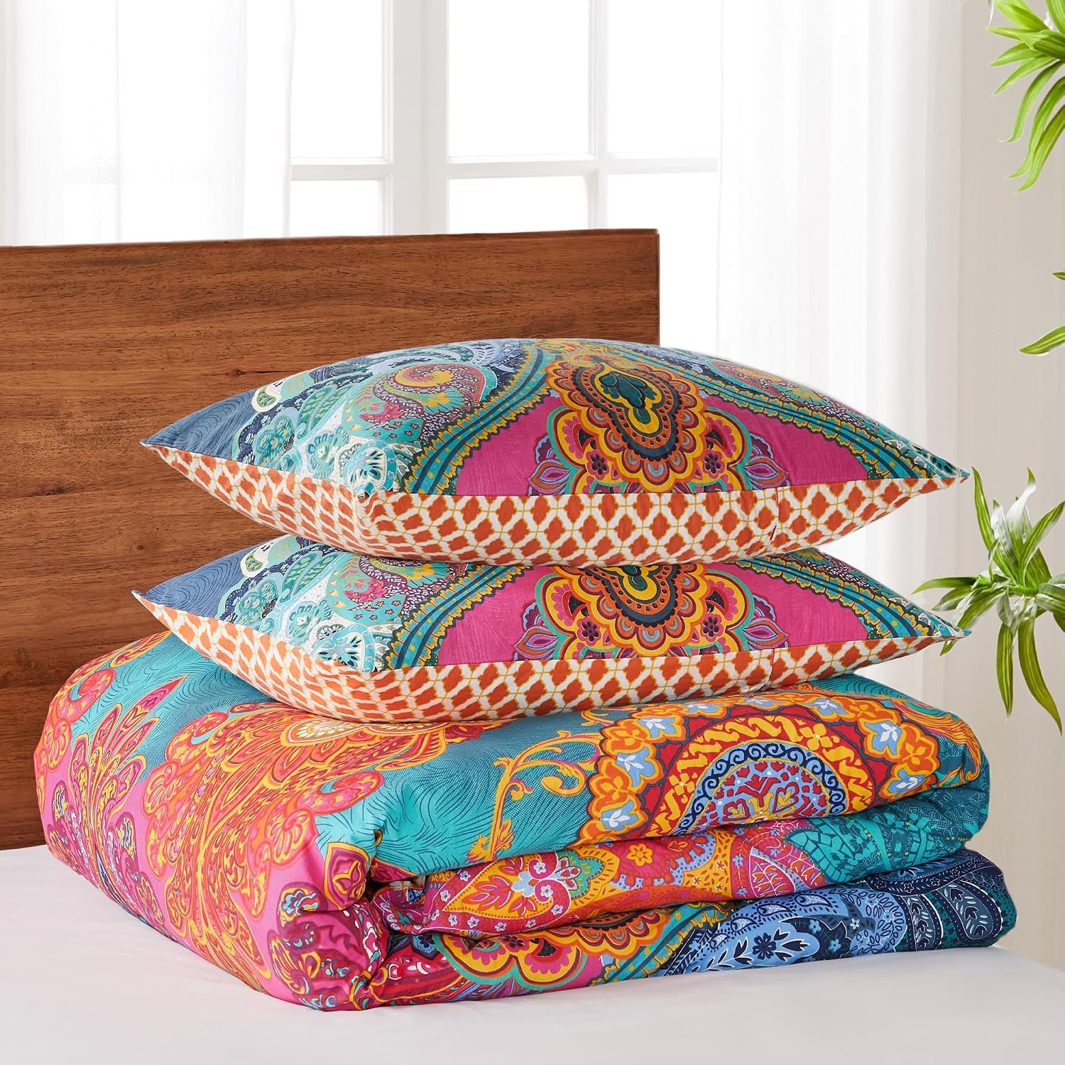 Levtex Home - Mackenzie Duvet Cover Set - King Duvet Cover + Two King Pillow Cases - Bohemian - Teal, Orange, Yellow, Green, Blue - Duvet Cover (106 x 94in.) and Pillow Case (36 x 20in.) - Cotton