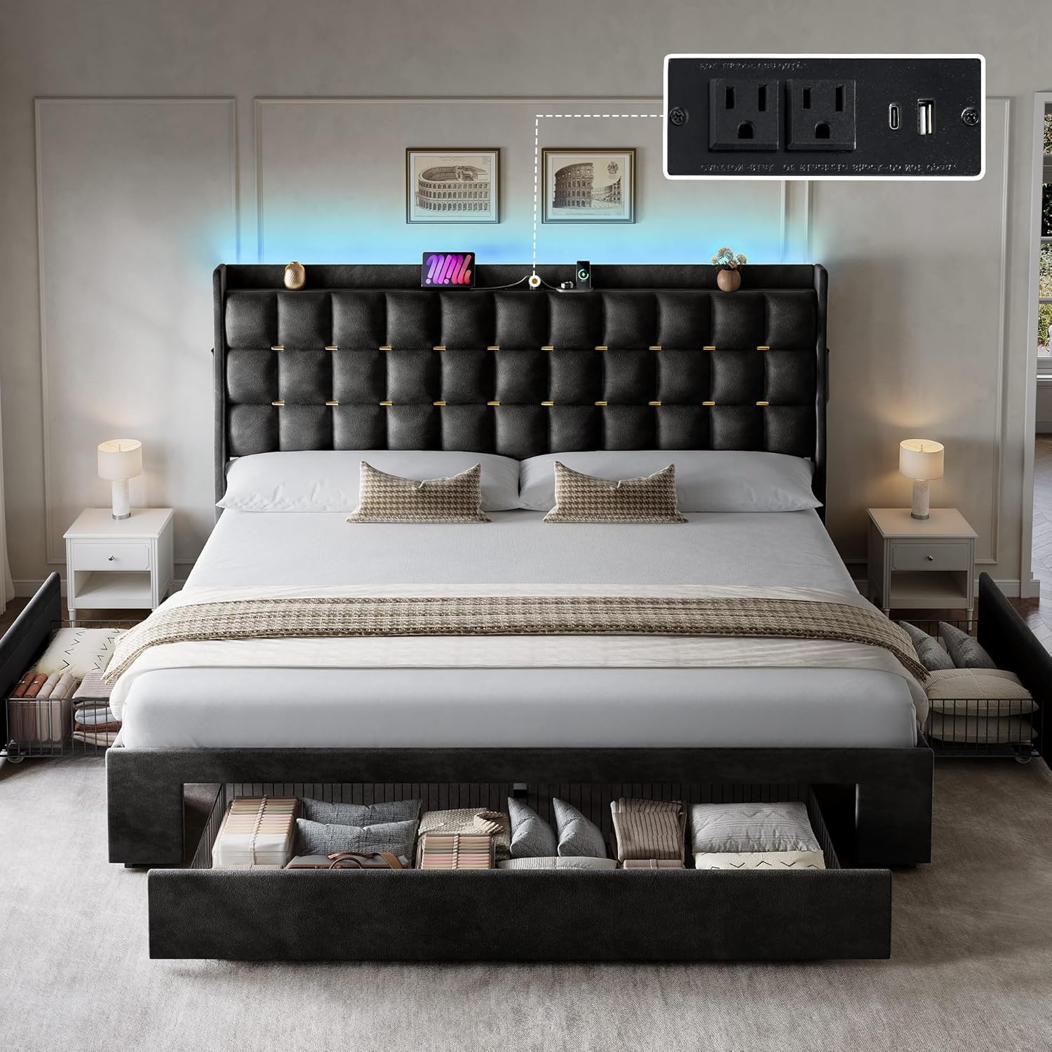 DWVO King Size Bed Frame with 3 Storage Drawers and RGB LED Lights, Velvet Upholstered Bed with Charging Station and Storage Headboard, No Box Spring Needed, Easy Assembly, Noise-Free, Black