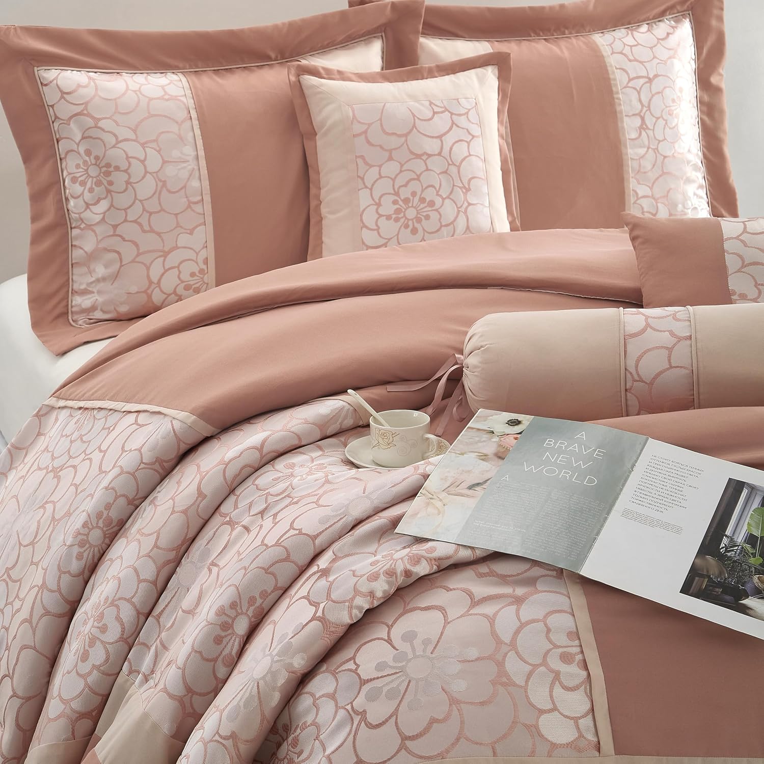 Grand Avenue Blush Comforter Set California King Size, 7 Piece Jacquard Soft Bedding Set, All Season, Bedskirt, Pillows & Shams