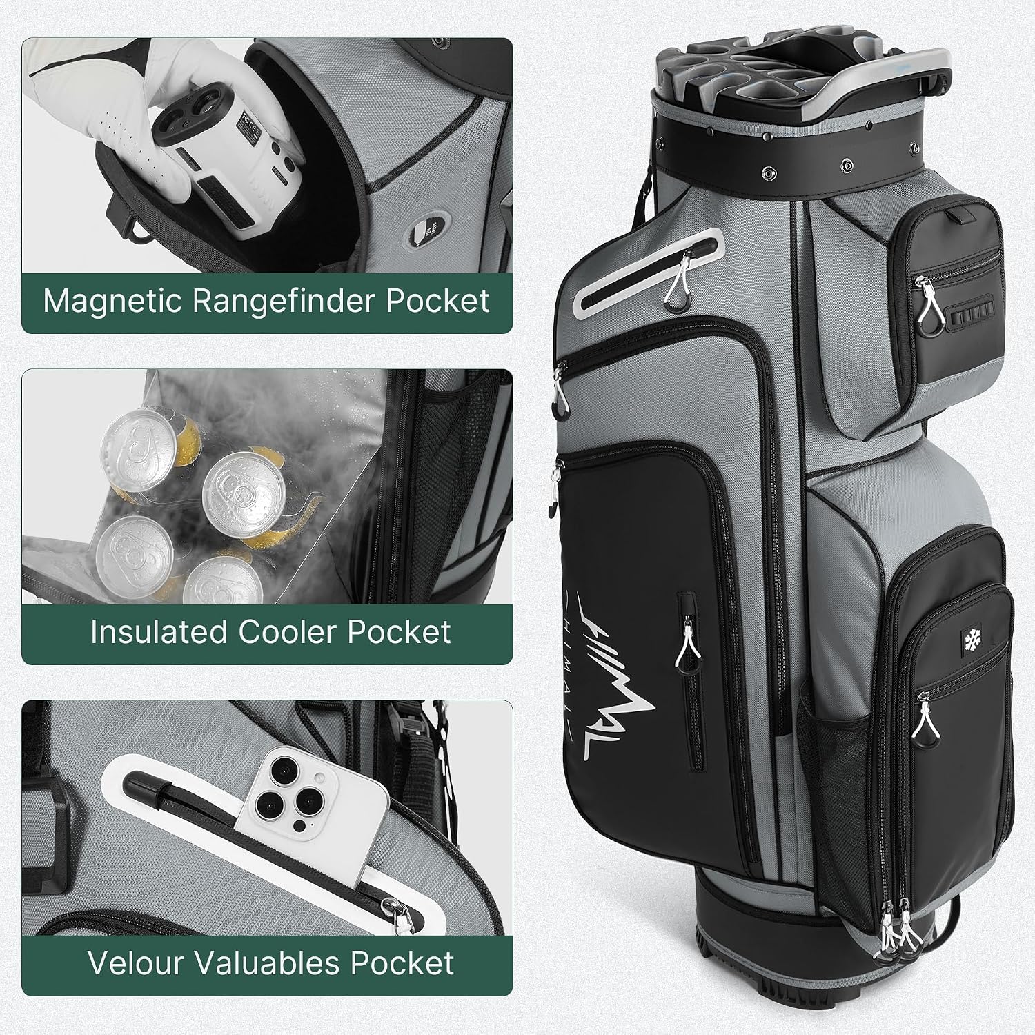 uniHimal Golf Cart Bag with 14-Way Full-Length Dividers, Golf Bag for Men Women with Magnetic Leather Pocket, Handles and Rain Cover, Lightweight Golf Club Bag Includes Cooler Pockets