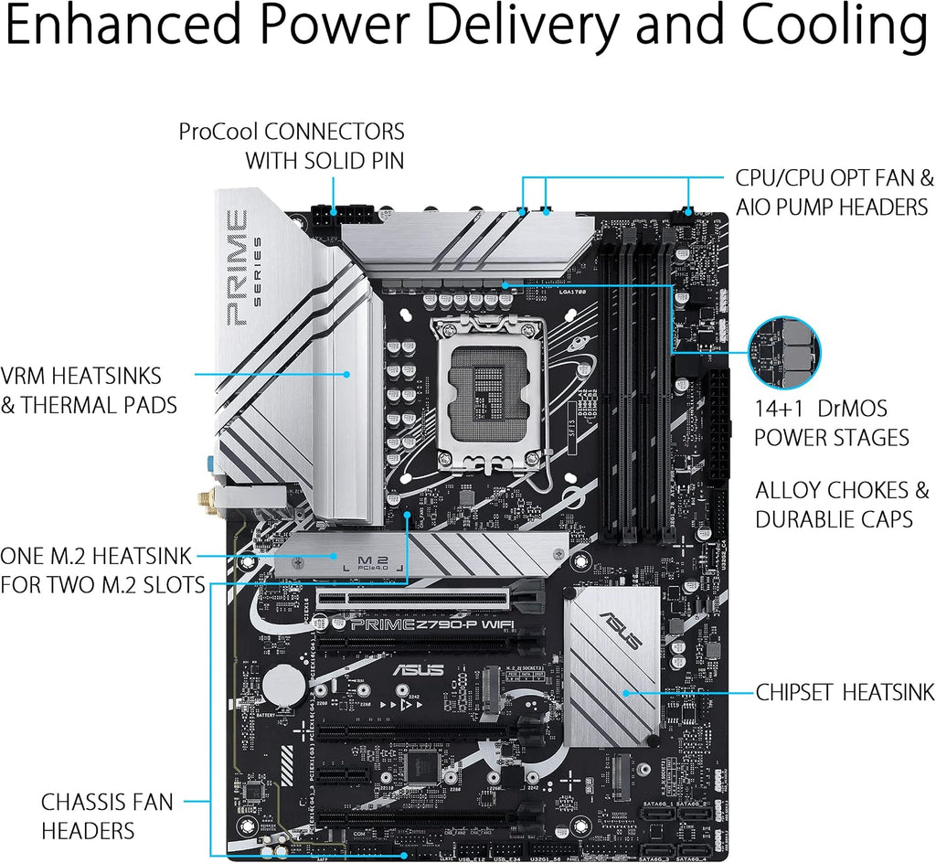 Asus Prime PRIME Z790-P WIFI Gaming Desktop Motherboard - Intel Z790 Chipset - Socket LGA-1700 - ATX - Core, Pentium Gold, Celeron Processor Supported - 128 GB DDR5 SDRAM Maximum RAM - DDR5-7200/PC5-5