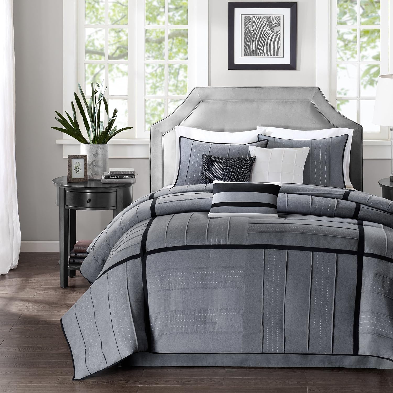 Madison Park Cozy Comforter Set Casual Blocks Design - All Season Bedding, Matching Bed Skirt, Decorative Pillows, Bridgeport Herringbone, Black Dark Grey King(104'x92') 7 Piece