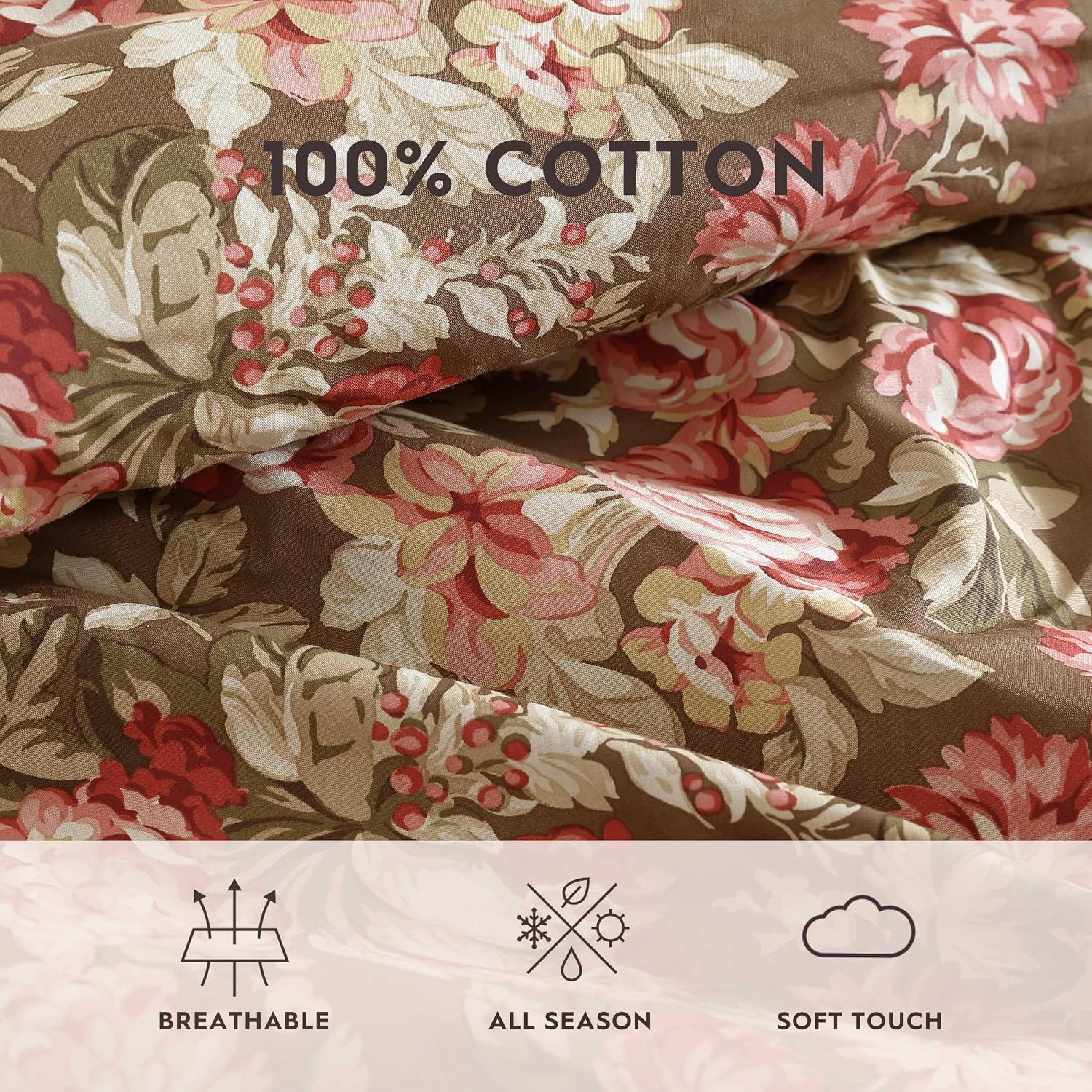 Laura Ashley - Full/Queen Comforter Set, Soft Cotton Bedding with Matching Shams, Floral Home Decor, Oeko-Tex Certified (Bloomsbury Brown, Full/Queen)