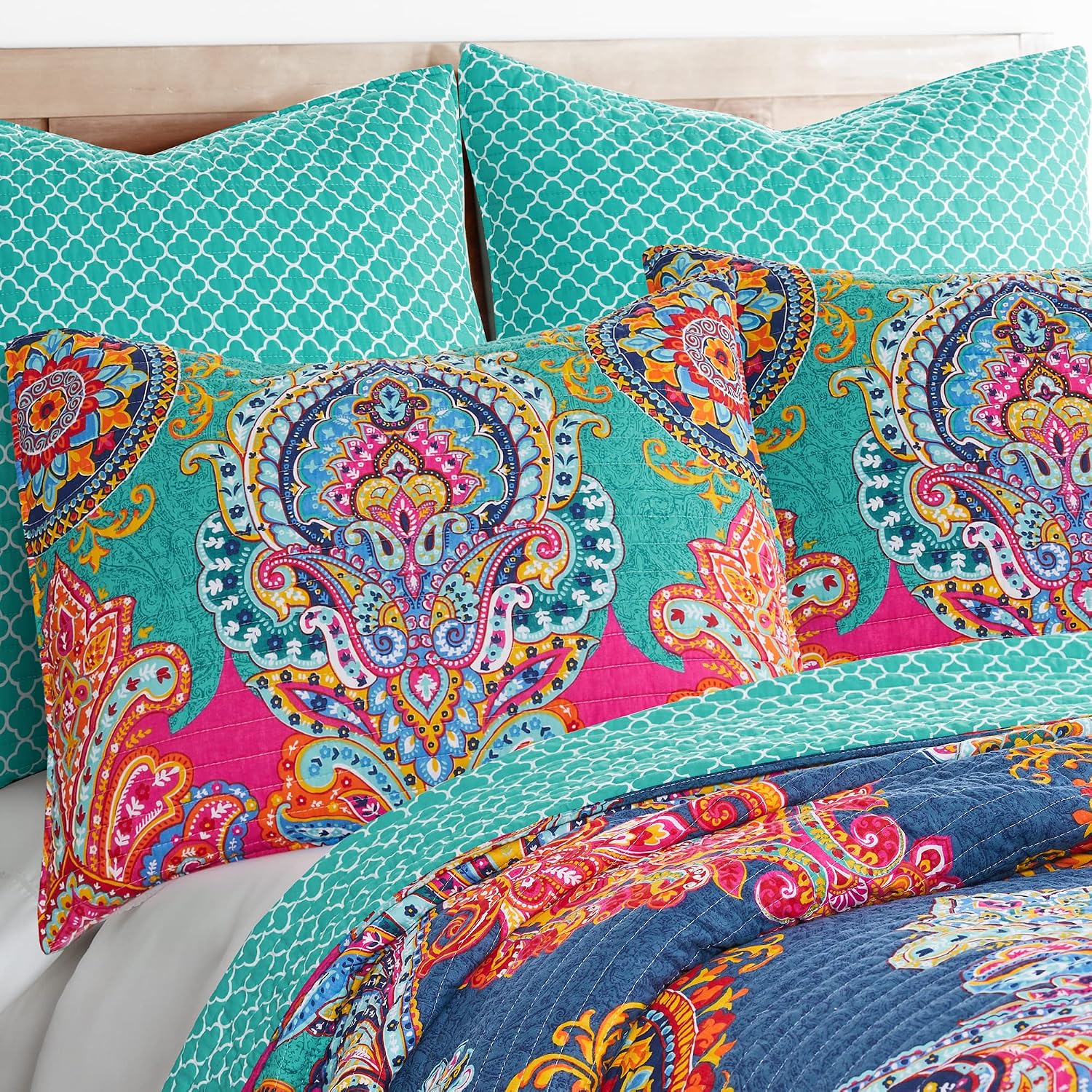Levtex Home - Fantasia Quilt Set - King Quilt (106x92in.) + Two King Pillow Shams (36x20in.) - Bohemian - Teal, Orange, Yellow, Green, Blue - Reversible - Cotton Fabric