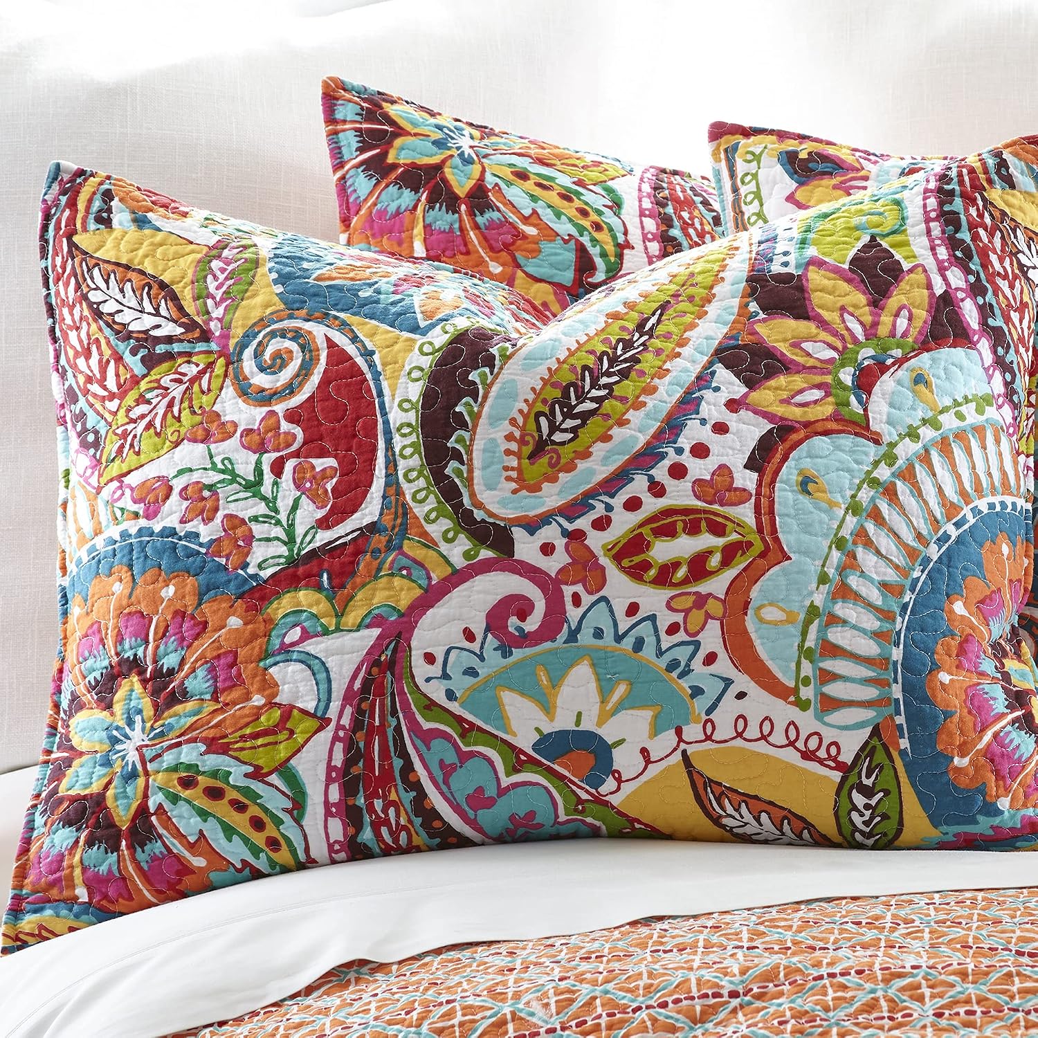 Levtex Home Rhapsody Quilt Set - Full/Queen Quilt + Two Standard Pillow Shams - Paisley in Yellow Orange Red Green Blues - Quilt Size (88 x 92in.) and Pillow Sham Size (26 x 20in.)- Reversible -Cotton